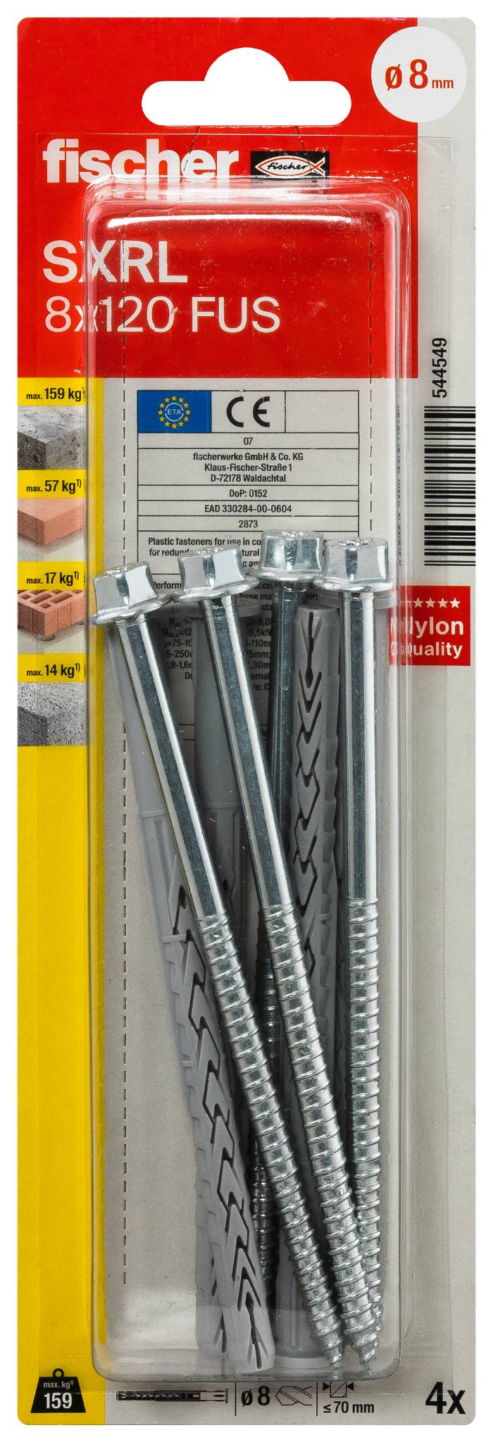 Eine graue Metalldübelkombination mit Schraube und Unterlegscheibe. Sie ist für die Befestigung an Wänden oder Decken konzipiert.