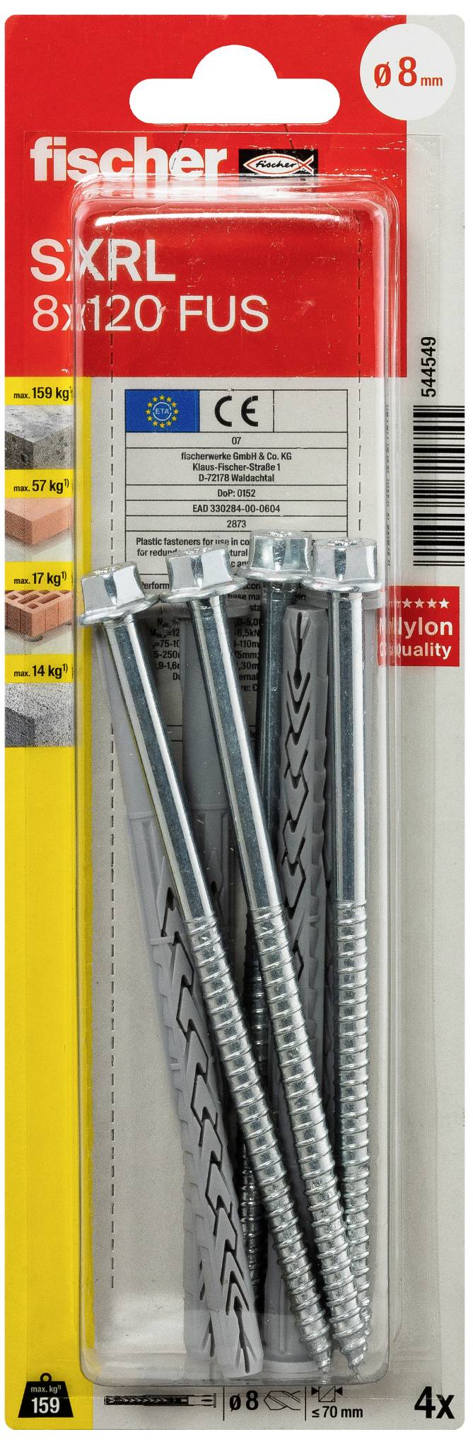 Verpackung mit Schrauben und Dübeln, Marke 'Fischer', Typ 'SXRL 8x120 FUS', enthält vier Stück. Eignung und Belastbarkeit aufgelistet.