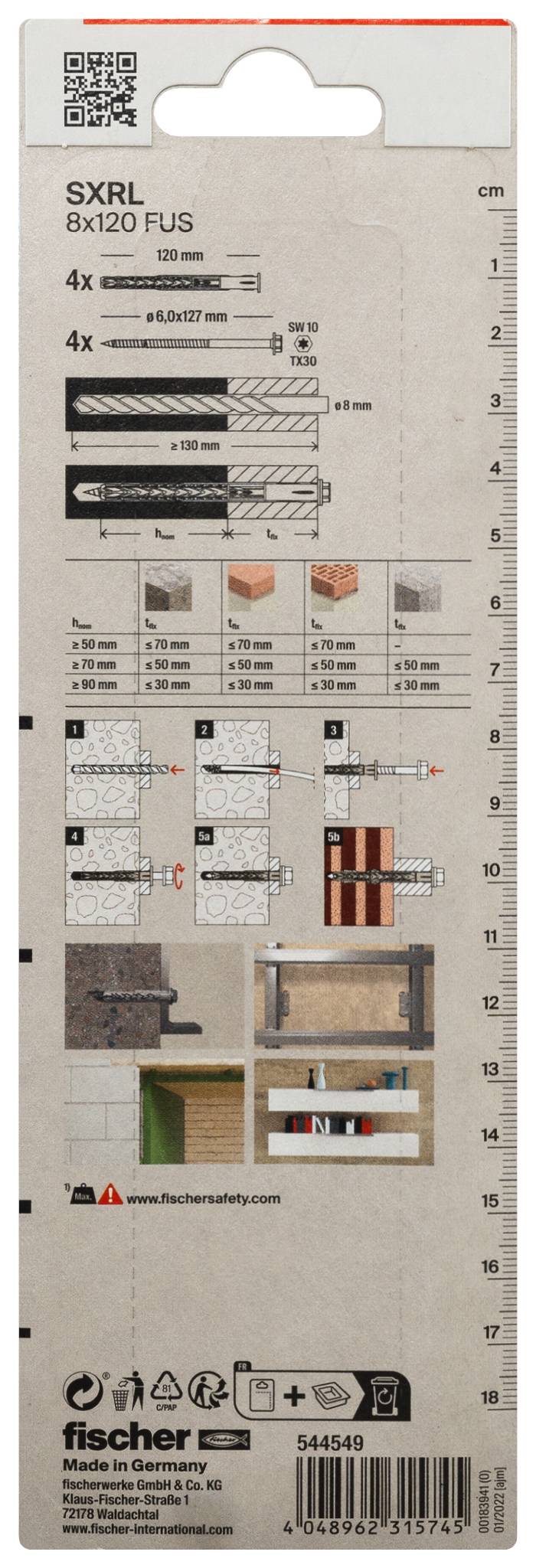 Fischer SXRL 8x120 FUS Wanddübel Verpackung mit Installationsdiagrammen, Größen, Tragfähigkeitsangaben und Produktcode 544549.