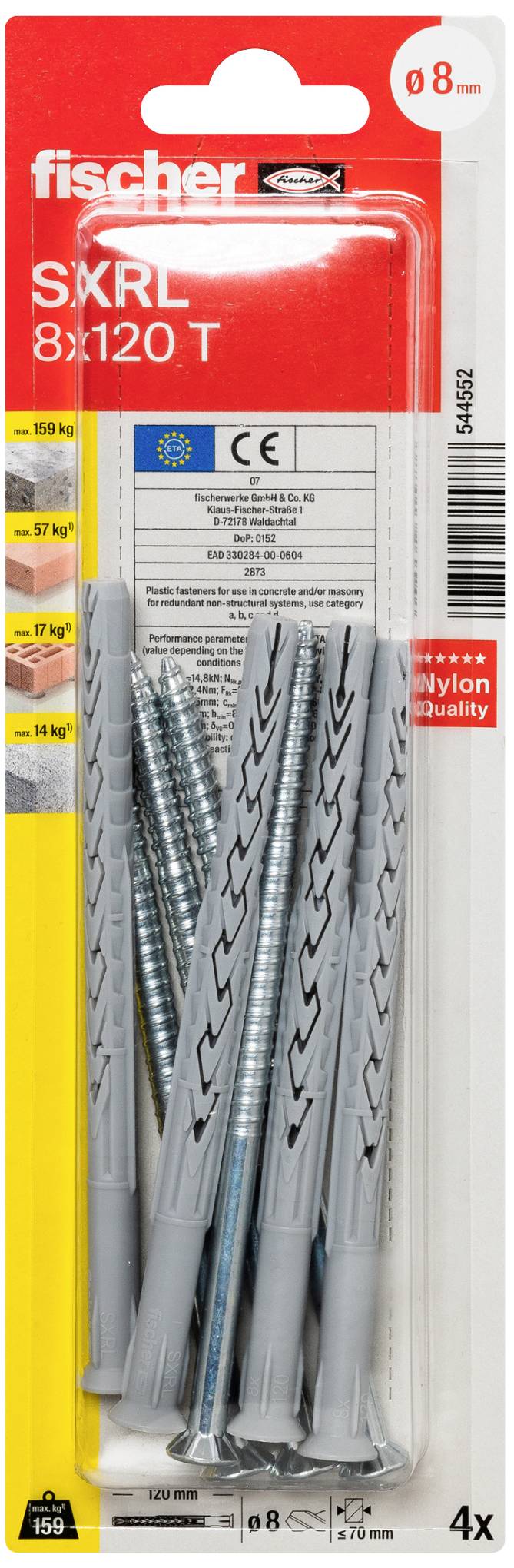 Verpackung mit grauen Dübeln und Schrauben der Marke 'fischer', Größe 8x120 T, im Blister mit rotem Aufdruck. Geeignet für verschiedene Lasten.