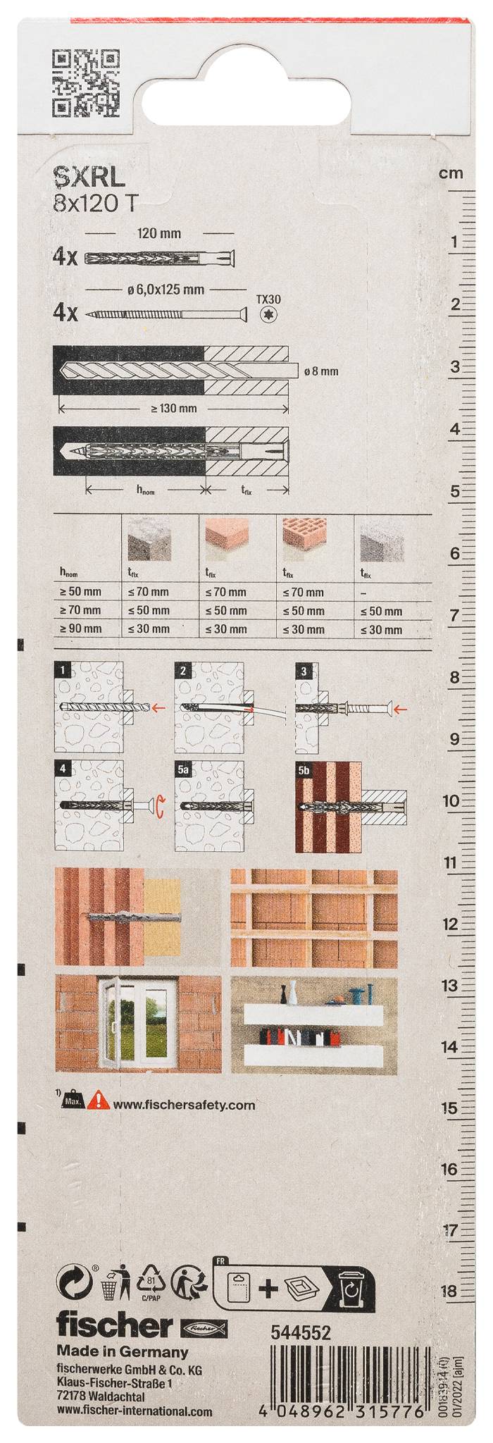 Produktverpackung für Fischer SXRL 8x120 T Wanddübel, zeigt Lastwerte, Installationsdiagramme, Abmessungen und Kompatibilitätsdetails.