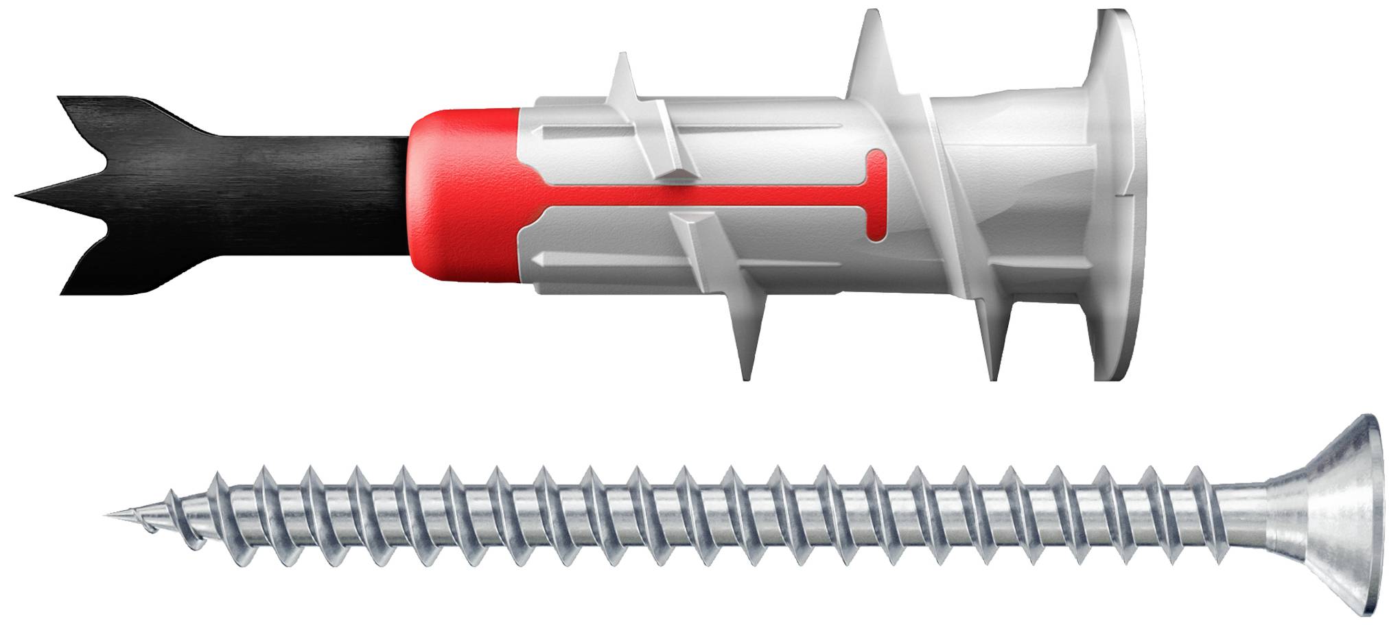 Ein grauer Dübel mit rotem Ring und dazugehöriger Schraube, auf weißem Hintergrund. Ideal zur sicheren Befestigung in Wänden.