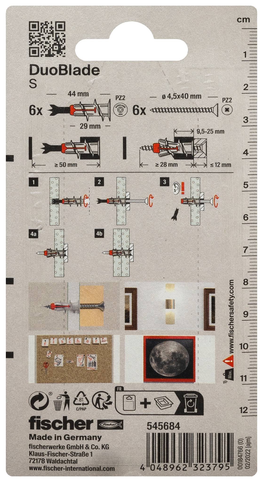 Packungsetikett für Fischer DuoBlade Gipskartonbefestigungen, mit 6x PZ2-Schrauben, 44-mm-Dübeln und Installationsdiagrammen mit Maßangaben.
