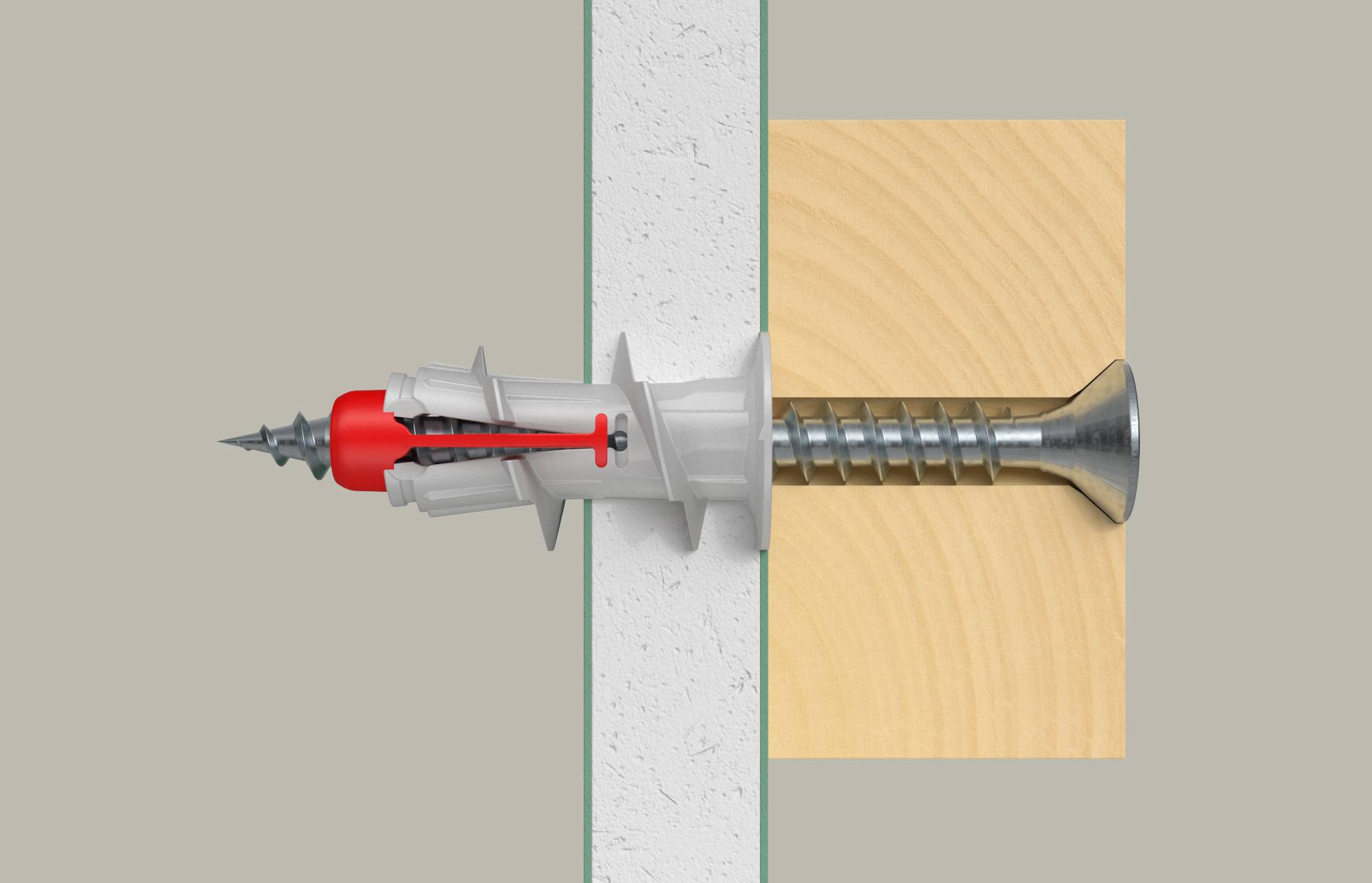 Querschnittsdiagramm einer Wandanker- und Schraubenbefestigung, die ein Holzbrett an einer Betonwand befestigt, mit der hinter der Wand expandierenden Anker