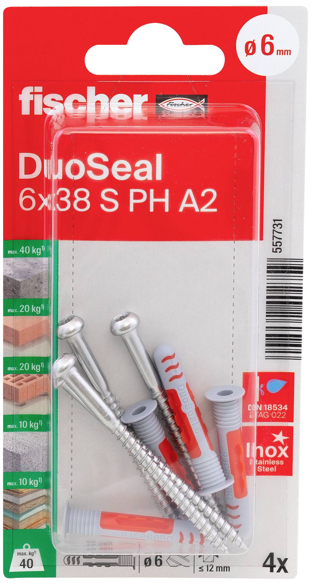 Schraubenpaket 'fischer DuoSeal 6x38 S PH A2', 4 Stück. Für Dübelanwendungen bis 20 kg pro Schraube. Enthält Edelstahl- und Kunststoff-Dübel.