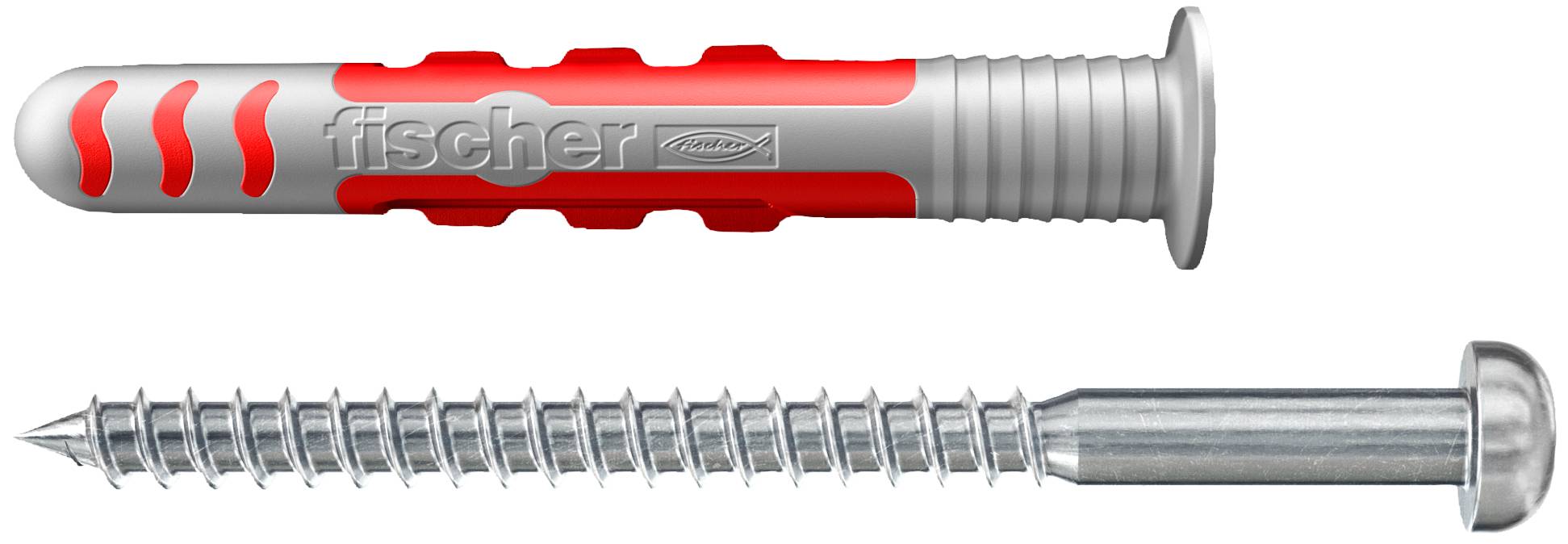 Zwei nebeneinander gezeigte Metallfastener: oben ein rot-grauer Wandstöpsel und unten eine silberne Schraube.