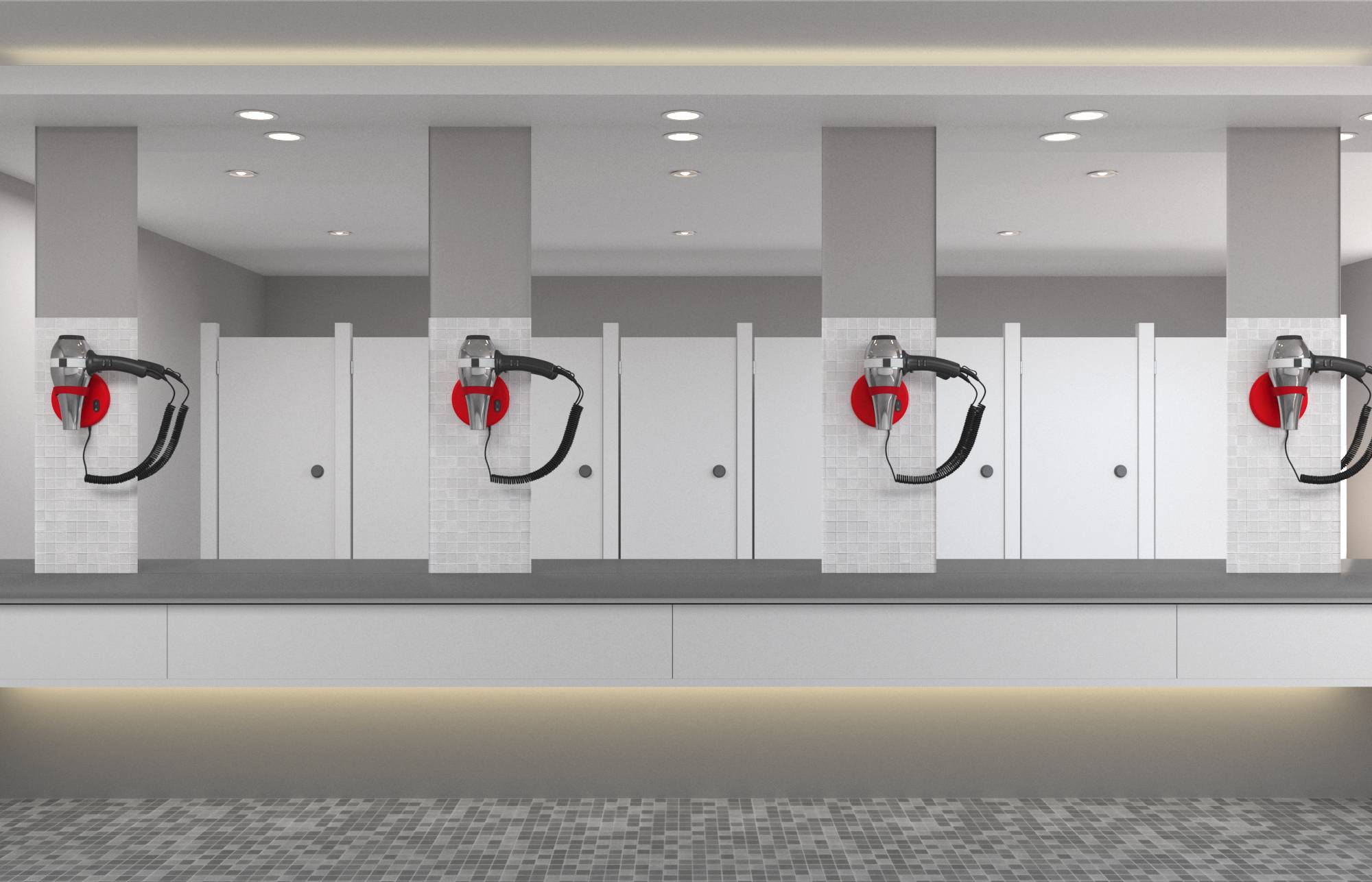 Reihe von Elektrofahrzeug-Ladestationen, die auf gekachelten Pfeilern in einem modernen Innen-Parkhaus oder einer Garage montiert sind, mit weißen Türen dahinter.
