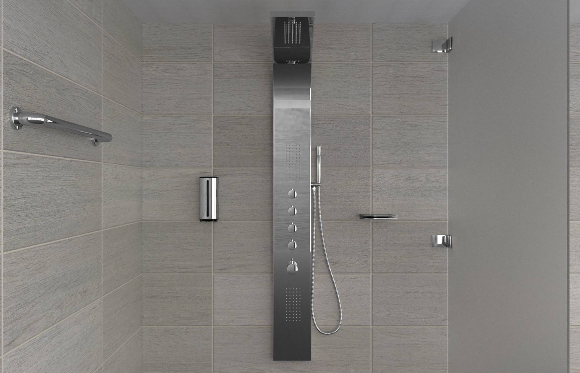 Modernes Badezimmer-Duschinterieur mit einem Edelstahl-Regendusch-Panel, abnehmbarem Duschkopf und mehreren wandmontierten Haltegriffen und Regalen.