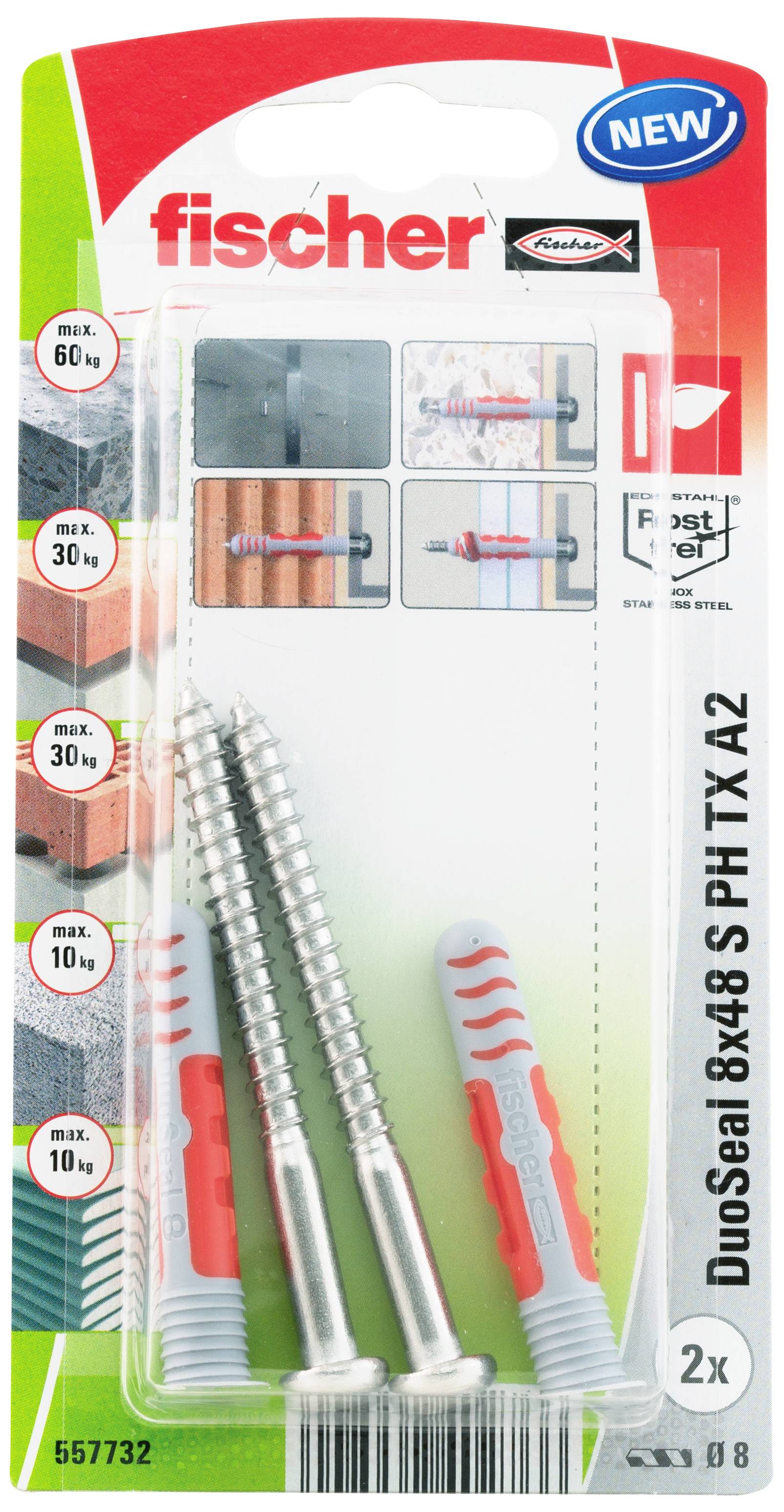 Verpackung von Fischer DuoSeal 8x48 SP/ TX A2 Dübeln, enthält zwei Dübel und Schrauben, geeignet für verschiedene Materialien.