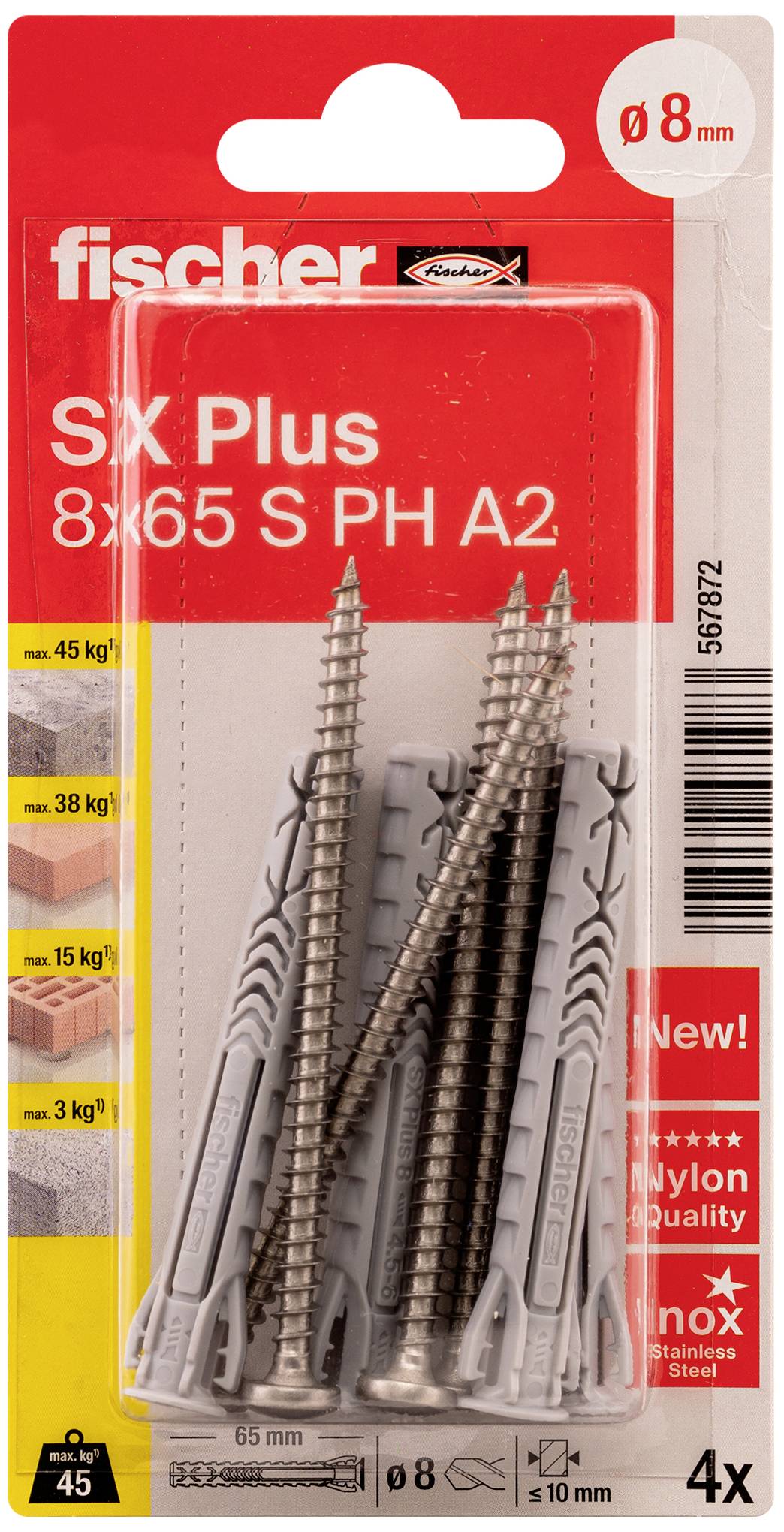 Packung mit Fischer SX Plus 8x65 S PH A2 Schrauben und Dübeln, Edelstahl, geeignet für Beton, Ziegel und Stein, Ø 8 mm.