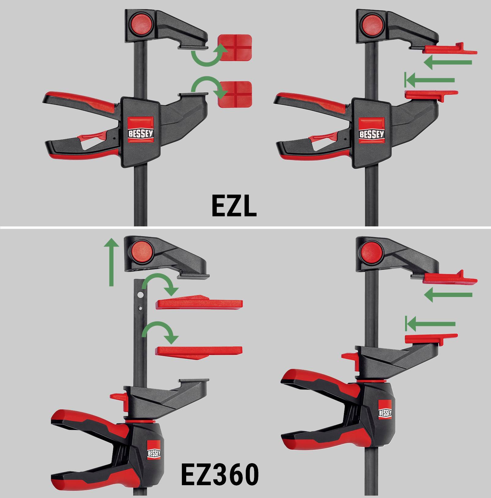 Zwei Arten von BESSEY-Klemmen. Oben: EZL-Modell mit geraden Klemmen. Unten: EZ360-Modell mit drehbaren Klemmen. Bewegen nach oben/unten oder seitwärts.