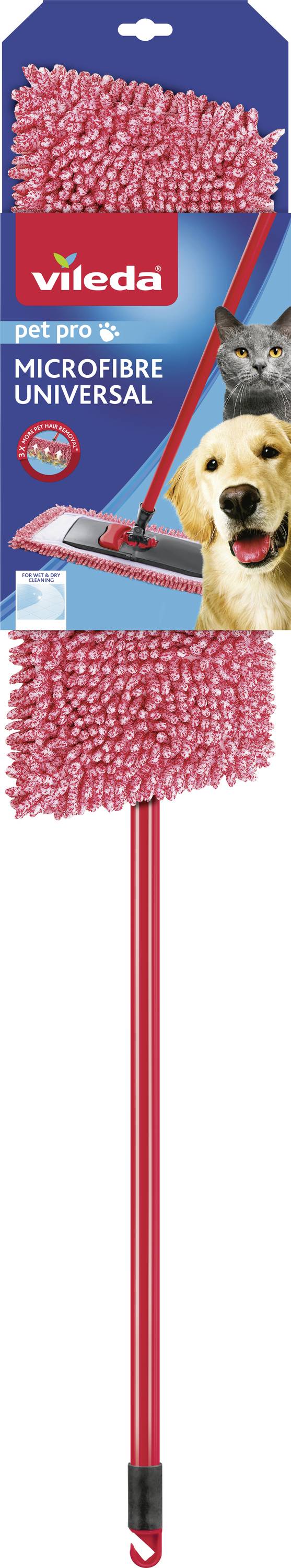 Verpackung für Vileda Pet Pro Mikrofaser-Universalmop, zeigt einen roten flachen Mop mit einem Hund und einer Katze, gekennzeichnet für die Reinigung von Tierhaaren.