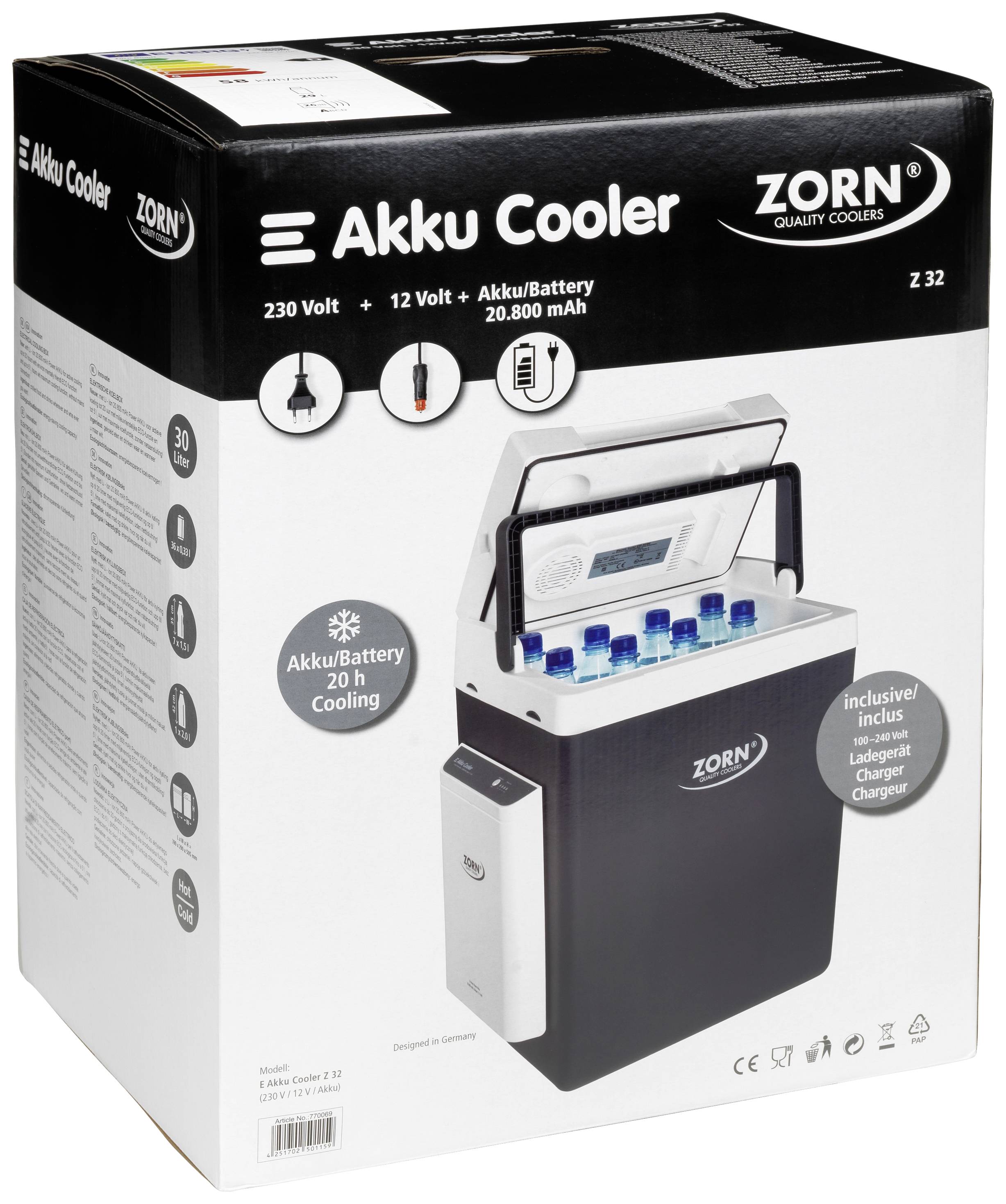 ZORN Cooler Z 32 LNP 20,8Ah Akku-Kühlbox & Heizbox EEK: D (A - G) Thermoelektrisch 12 V, 230V DC/AC Schwarz/Weiß 29l max. 20°C