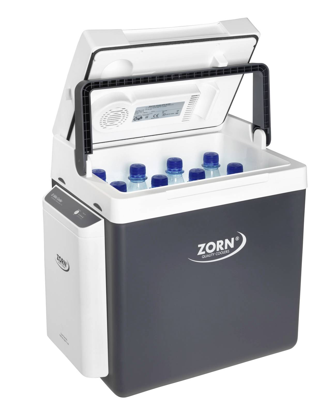 Kühlbox mit geöffnetem Deckel zeigt mehrere Wasserflaschen im Inneren. Display und Bedienfeld im Deckel. Markenname 'Zorn' sichtbar.