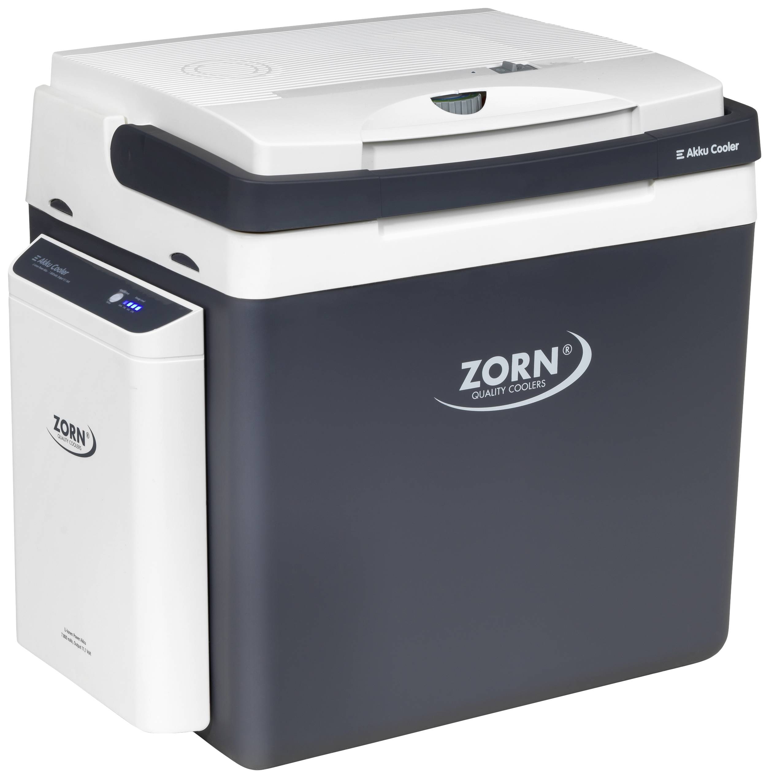 Kühlbox mit der Aufschrift 'Zorn Quality Coolers' in Schwarz-Weiß. Sie hat einen Griff und sieht kompakt und tragbar aus.