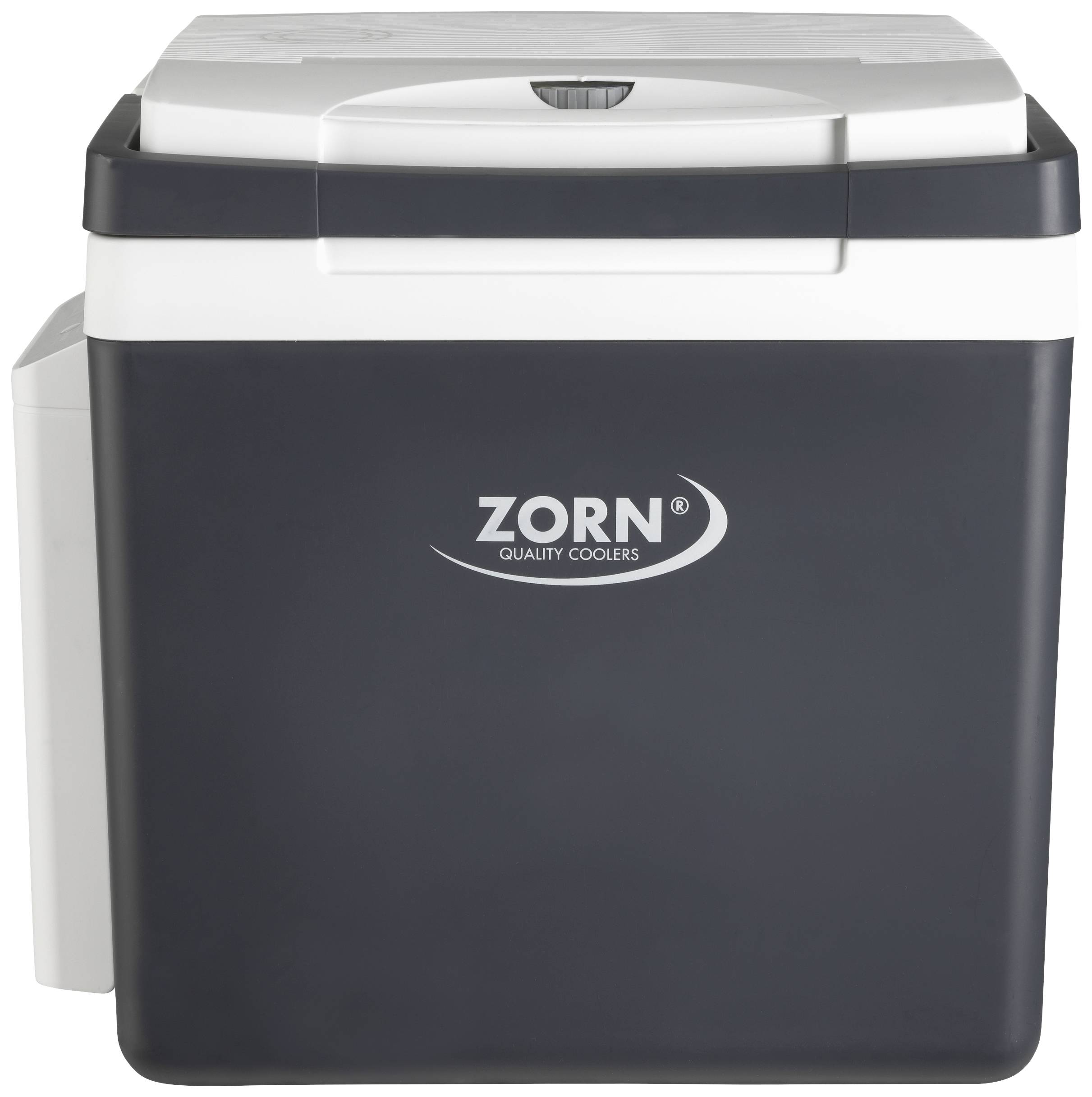 Eine blaue Kühlbox mit der Aufschrift 'ZORN Quality Coolers' auf der Vorderseite.