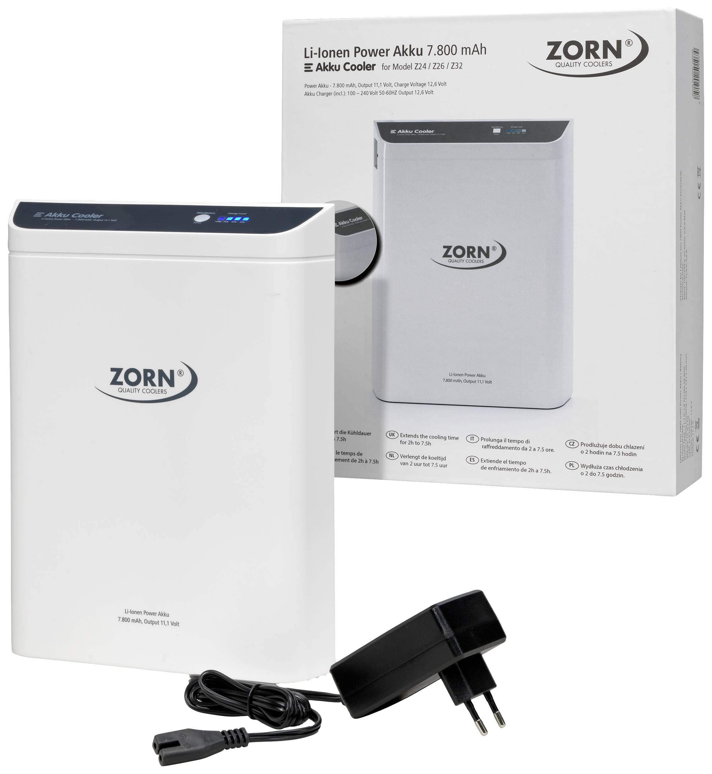 Weißer Li-Ionen-Akku mit 7800 mAh von Zorn, daneben Verpackung und Ladekabel mit Stecker.
