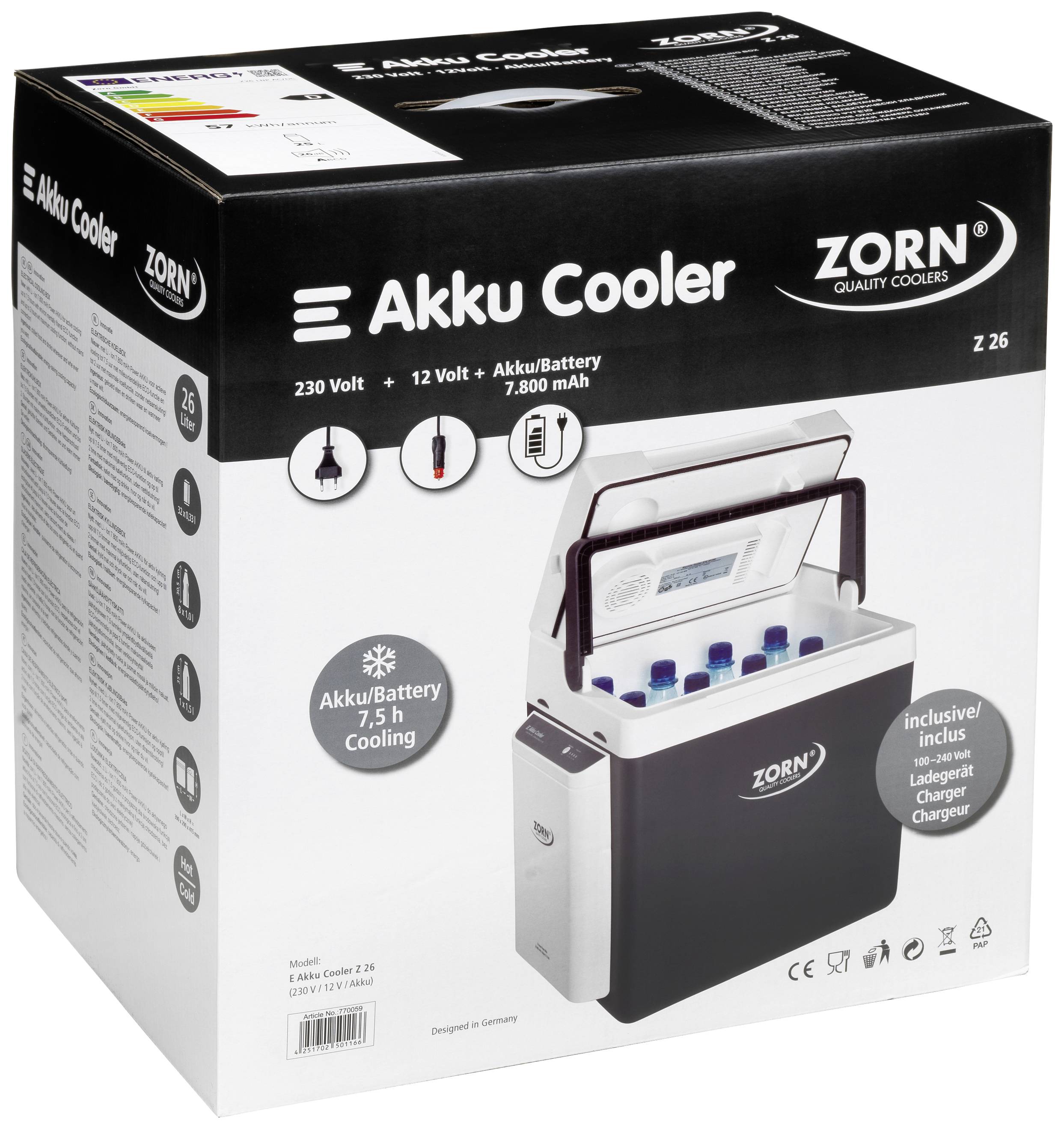 'Akku Cooler' von ZORN; zeigt eine tragbare Kühlbox mit Batteriebetrieb. Geeignet für 230 Volt, 12 Volt, Akku 7.800 mAh, 7,5 Std Kühlung.