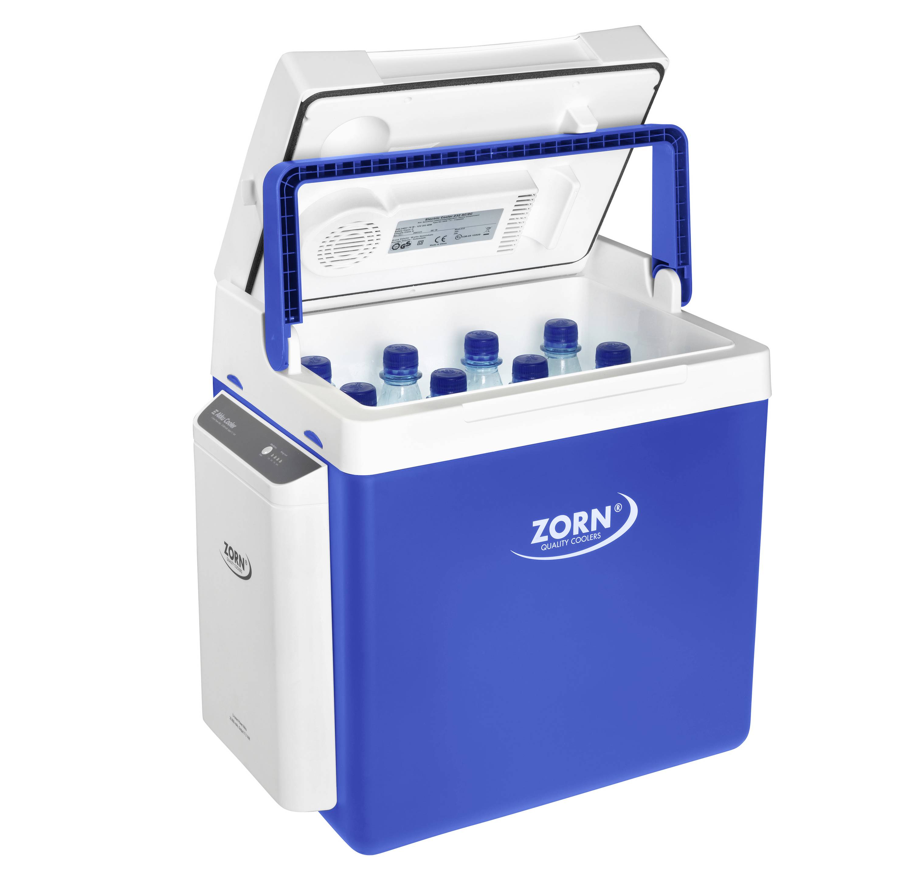Blaue elektrische Kühlbox mit offenem Deckel, gefüllt mit Flaschen.
