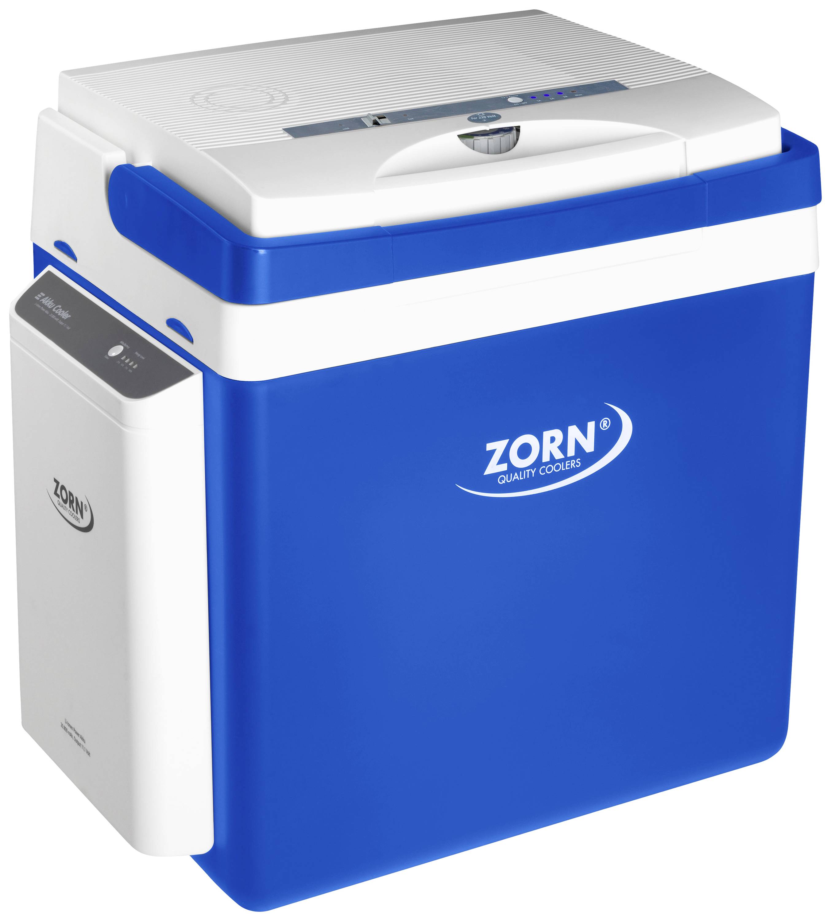 Blaue Kühlbox mit weißem Deckel und integriertem Tragegriff. Auf der Seite ist der Markenname 'Zorn Quality Coolers' sichtbar.