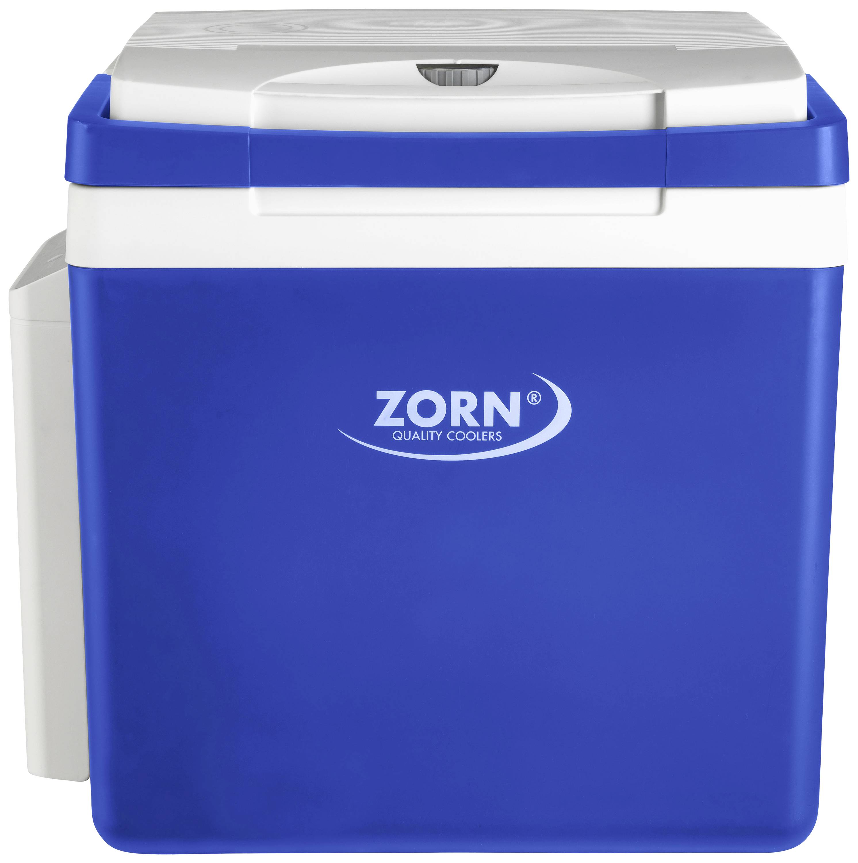 Blaue Kühlbox mit weißem Deckel und der Aufschrift 'ZORN Quality Coolers'. Ideal für den Transport und die Kühlung von Lebensmitteln und Getränken.