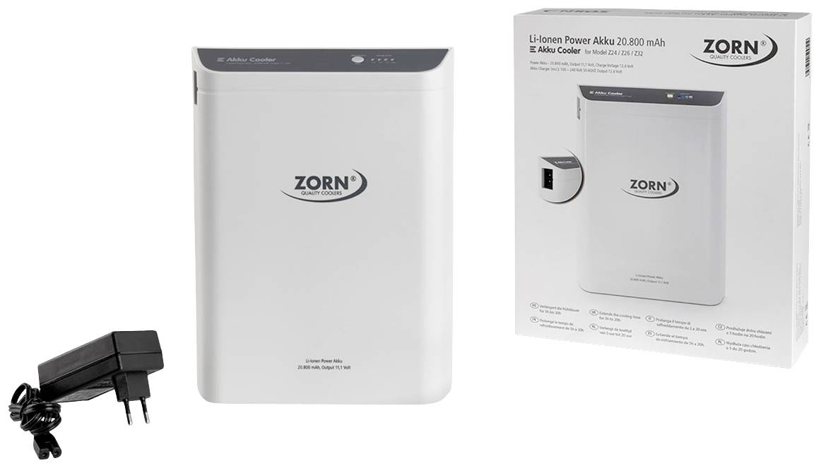 Externer Akku 'Zorn' mit 20.800 mAh, in Weiß. Beinhaltet Ladegerät und Verpackung. Ideal zum Aufladen mobiler Geräte.
