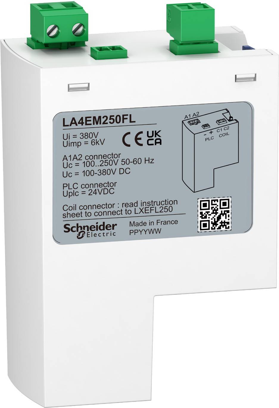 Ein elektronisches Bauteil mit Beschriftung 'Schneider Electric'. Angegeben sind technische Spezifikationen wie Spannung und Anschlussdetails.