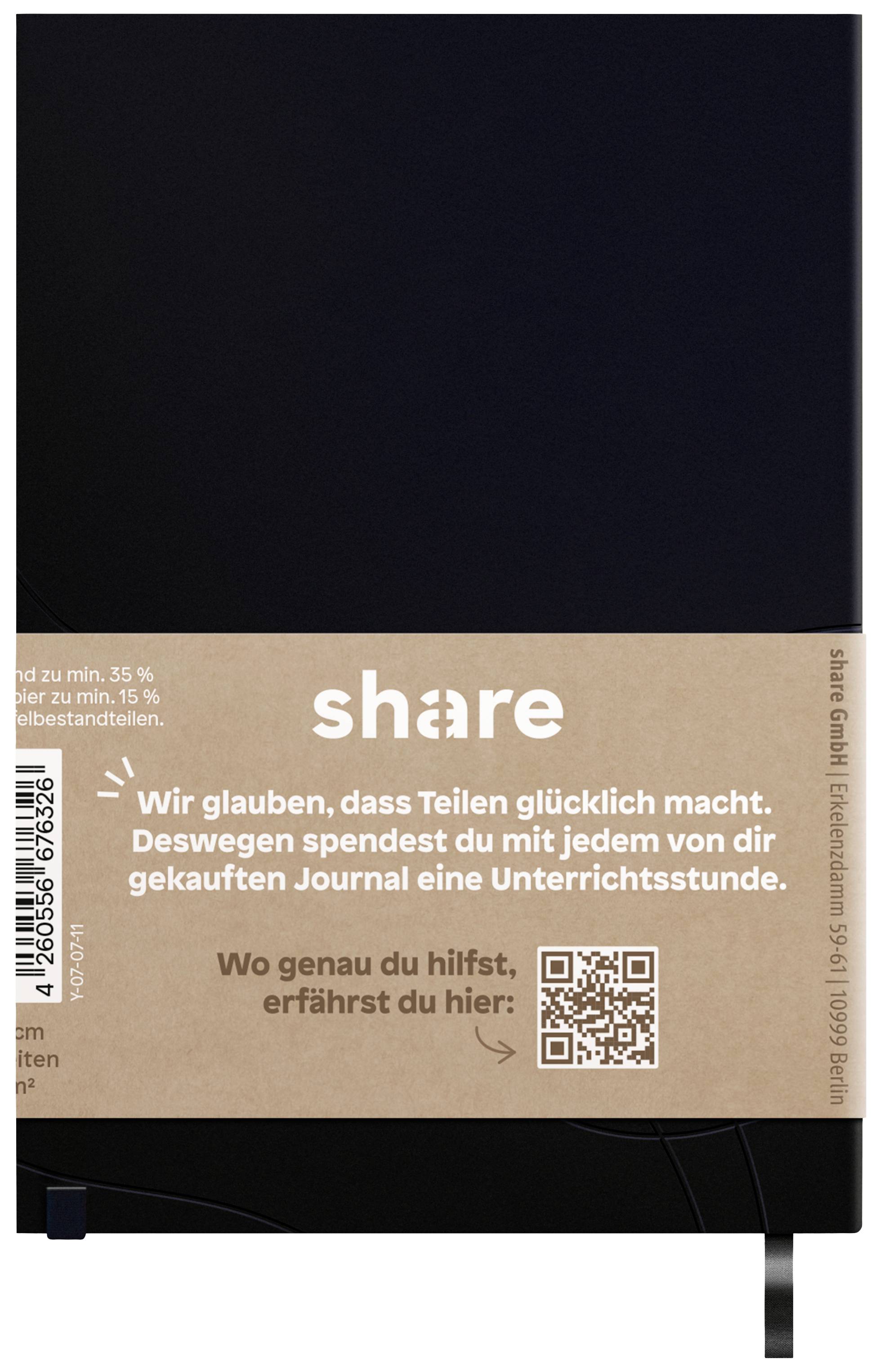 Schwarzes Notizbuch mit braunem Umschlag. Text: 'Wir glauben, dass Teilen glücklich macht. Deswegen spendest du mit jedem von dir gekauften Journal eine Unterrichtsstunde.'