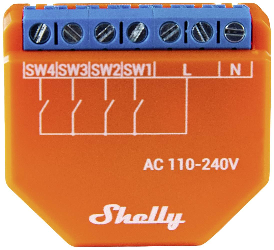 Ein orangefarbener Shelly-Schalter mit blauen Anschlüssen, beschriftet mit 'SW1' bis 'SW4', 'L', 'N', und 'AC 110-240V'.