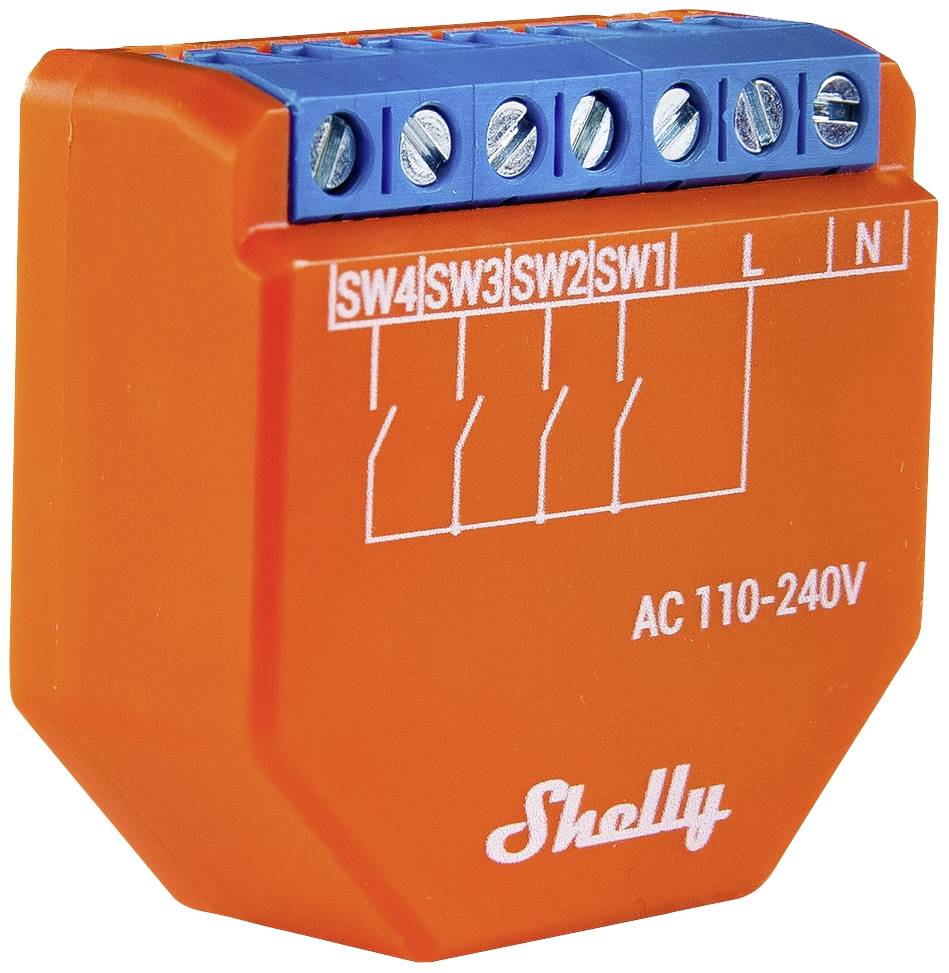 Ein orangefarbener elektrischer Schalttaster mit der Aufschrift 'Shelly', geeignet für AC 110-240V, zeigt 4 Schaltkreise (SW1-SW4) und Klemmen 'L' und 'N'.