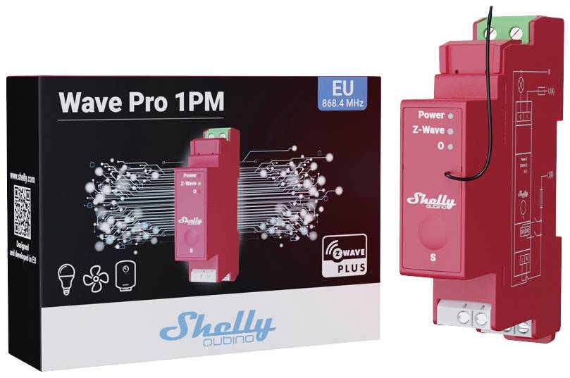 Das Bild zeigt den Shelly Wave Pro 1PM, ein rotes Smart-Home-Modul mit Verpackung. Es ist kompatibel mit Z-Wave Plus und für EU 868,4 MHz.
