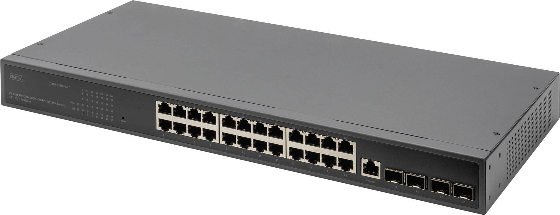 Ein schwarzer Netzwerk-Switch mit 24 Ethernet-Ports und vier zusätzlichen Ports für Glasfaserverbindungen, liegend auf einer Oberfläche.