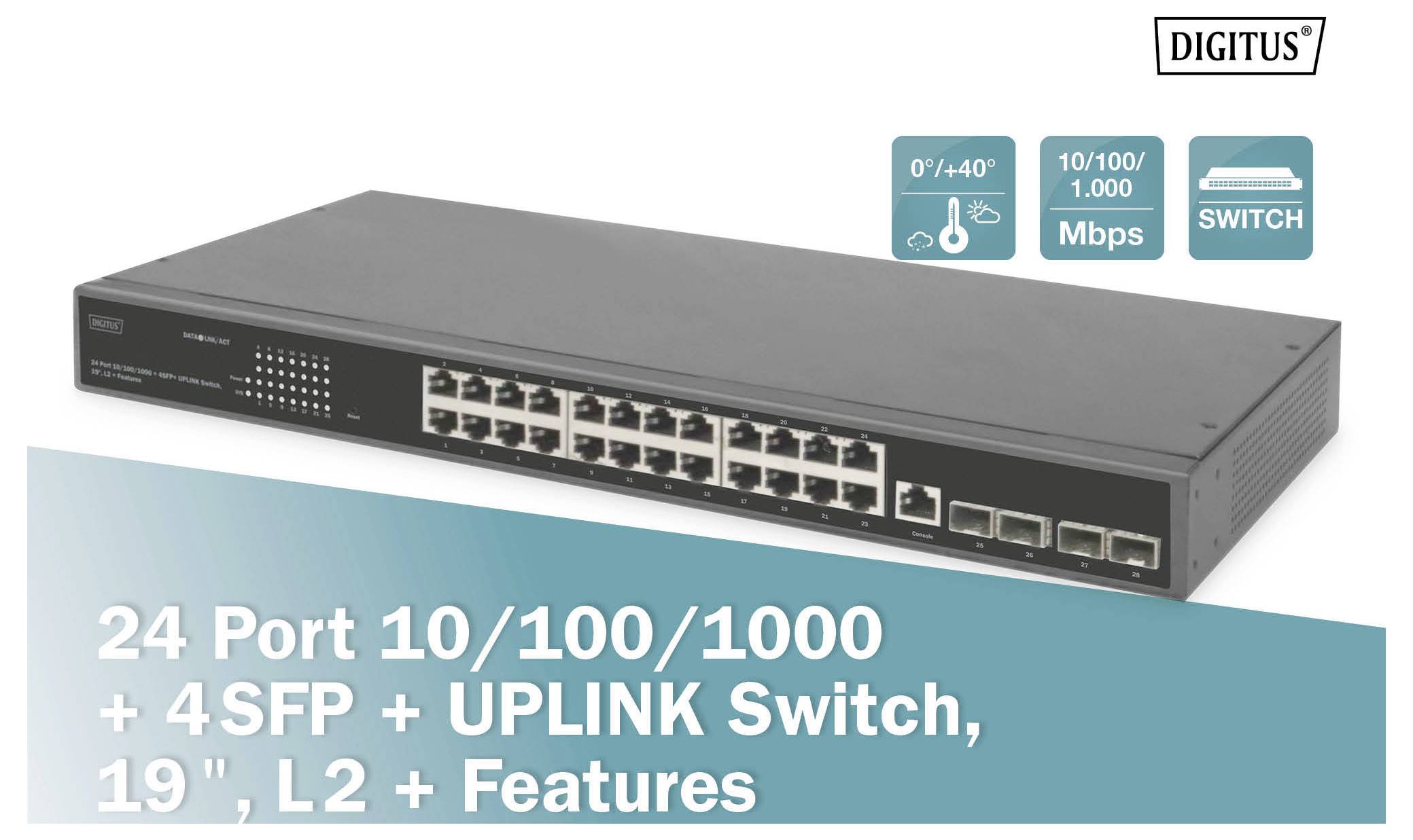 'Digitus' 24-Port-Switch, 10/100/1000 Mbps, 4 SFP + Uplink, 19 Zoll, L2 Features. Produktabbildung mit Herstellerlogo.