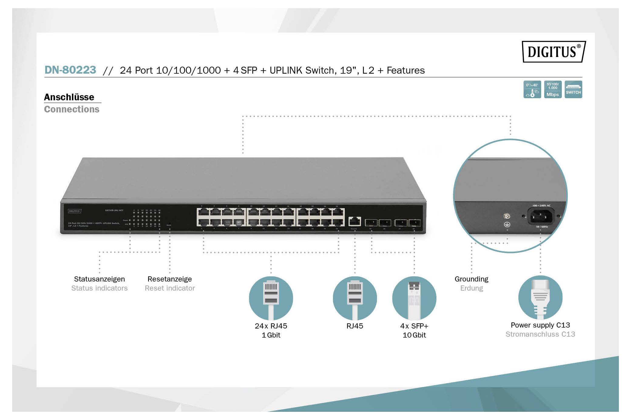 'DN-80223' Netzwerk-Switch, 24 Ports für 10/100/1000, 4 SFP, Uplink-Funktion. Anschlussdetails: 24x RJ45, 4x SFP, Stromversorgung.