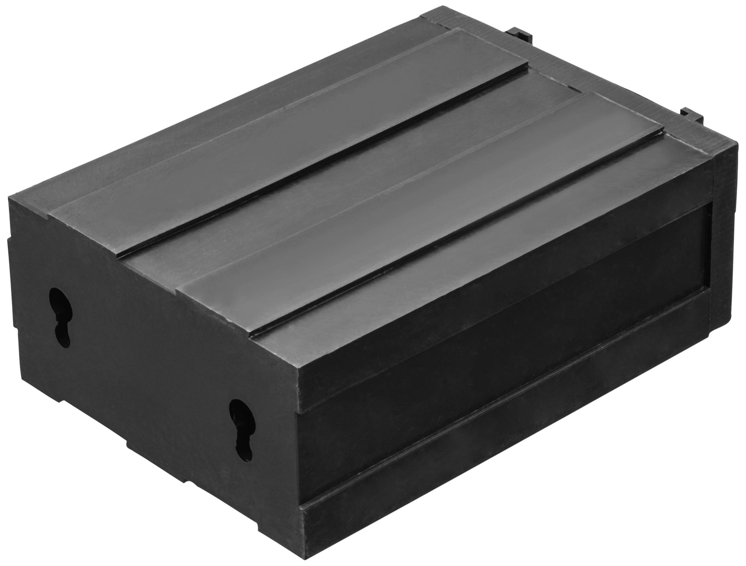 Schwarze, rechteckige Box mit gerilltem Deckel und zwei schlüssellochförmigen Öffnungen an der Seite.