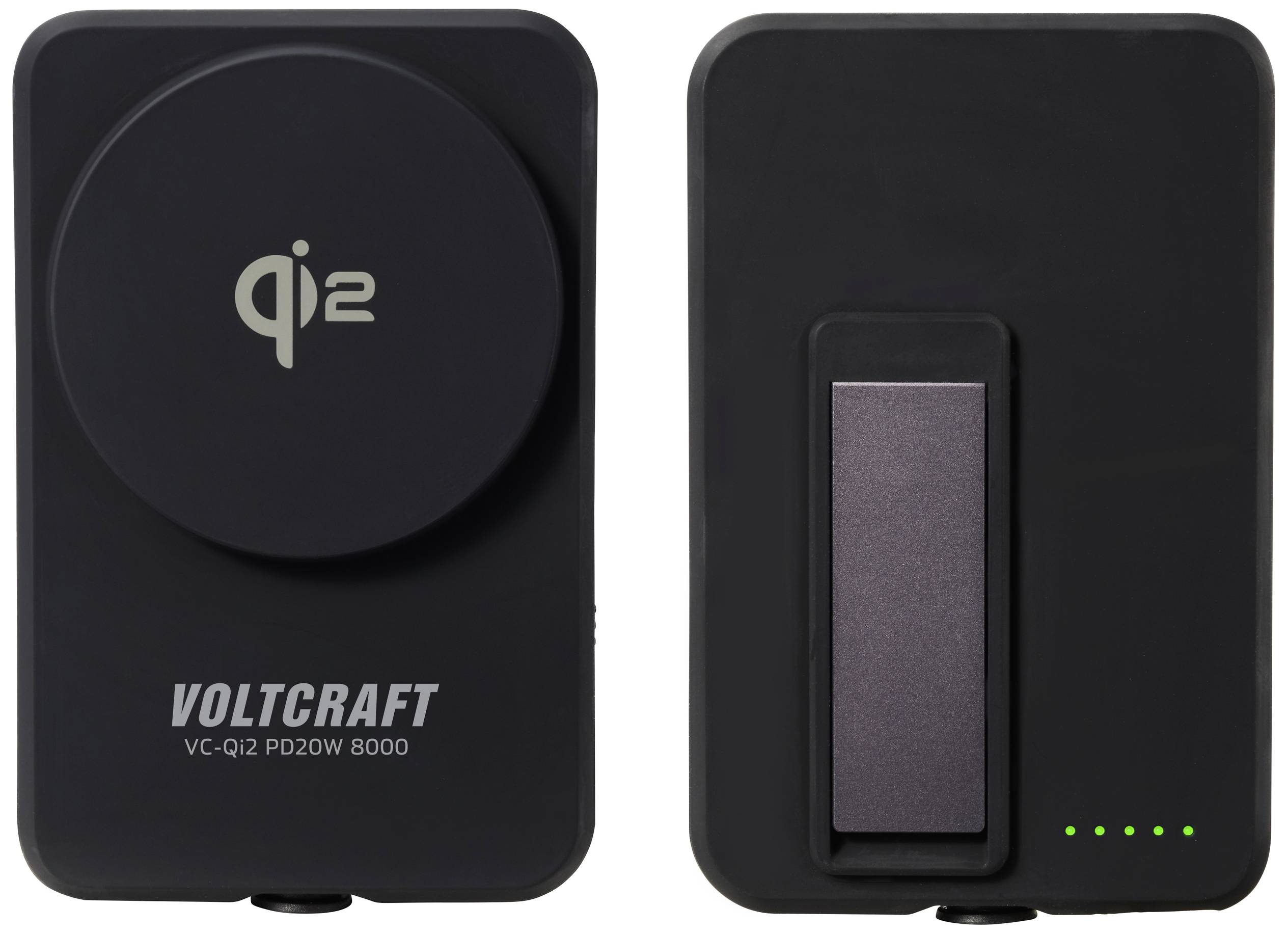 Zwei schwarze drahtlose Ladegeräte von Voltcraft, Vorder- und Rückseite. Links Qi 2 Symbol, rechts grüne LED-Anzeigen für den Batteriestand.