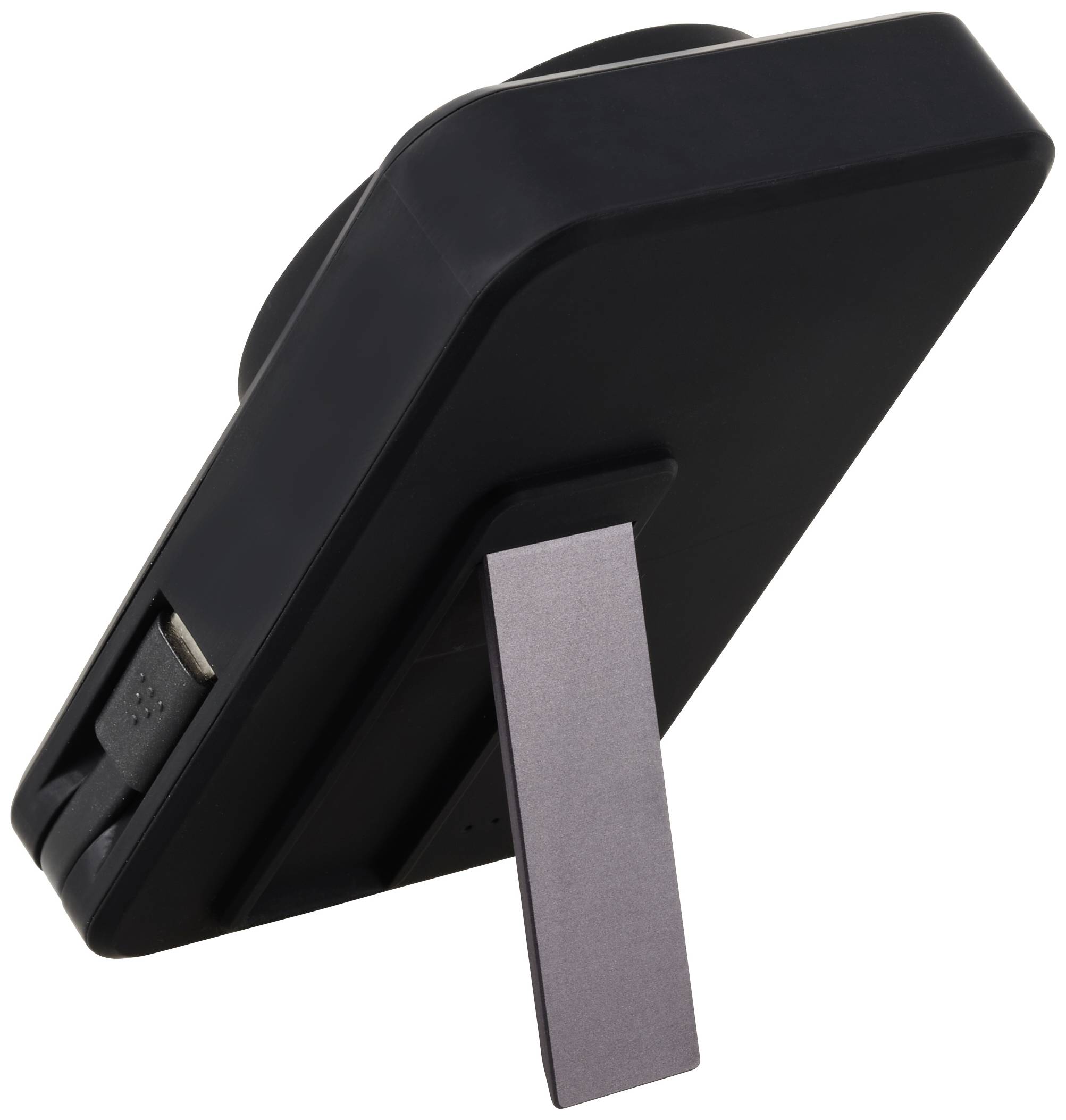 Ein schwarzer digitaler Bilderrahmen steht mit einem ausklappbaren Ständer aufrecht. Er hat einen USB-Anschluss an der Seite.