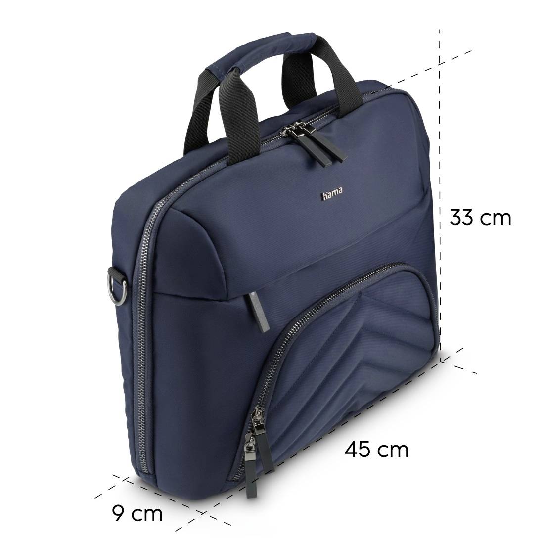 Eine dunkelblaue Laptoptasche mit Tragegriff, vorderem Reißverschlussfach und den Maßen 33 cm x 45 cm x 9 cm.
