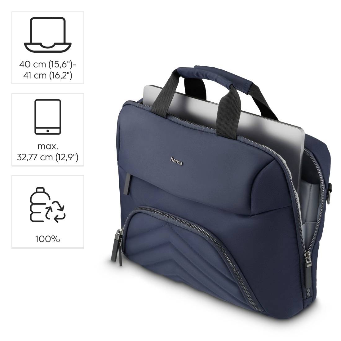 Laptop-Tasche in Blau mit einem Laptop im Hauptfach. Symbole zeigen Größe: 40-41 cm Laptop, 32,77 cm Tablet, 100% recyclebar.