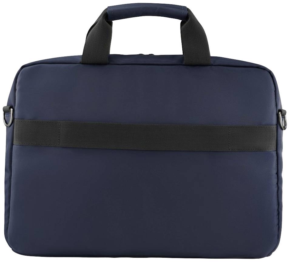 Eine dunkelblaue Laptop-Tasche mit zwei Griffen und einem schwarzen Riemen auf der Rückseite.