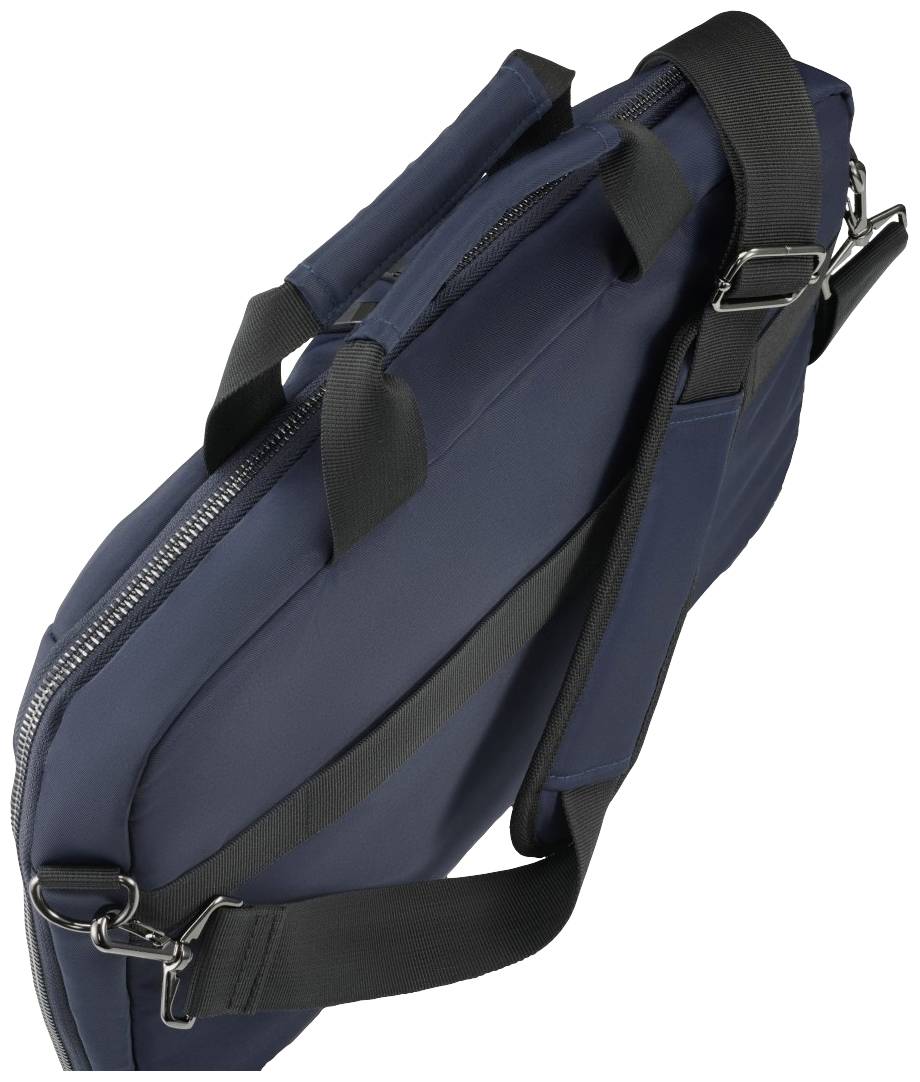 Eine schmale, blaue Laptoptasche mit schwarzen Riemen, Reißverschluss und Tragegriffen, zeigt ihre kompakte und moderne Gestaltung.