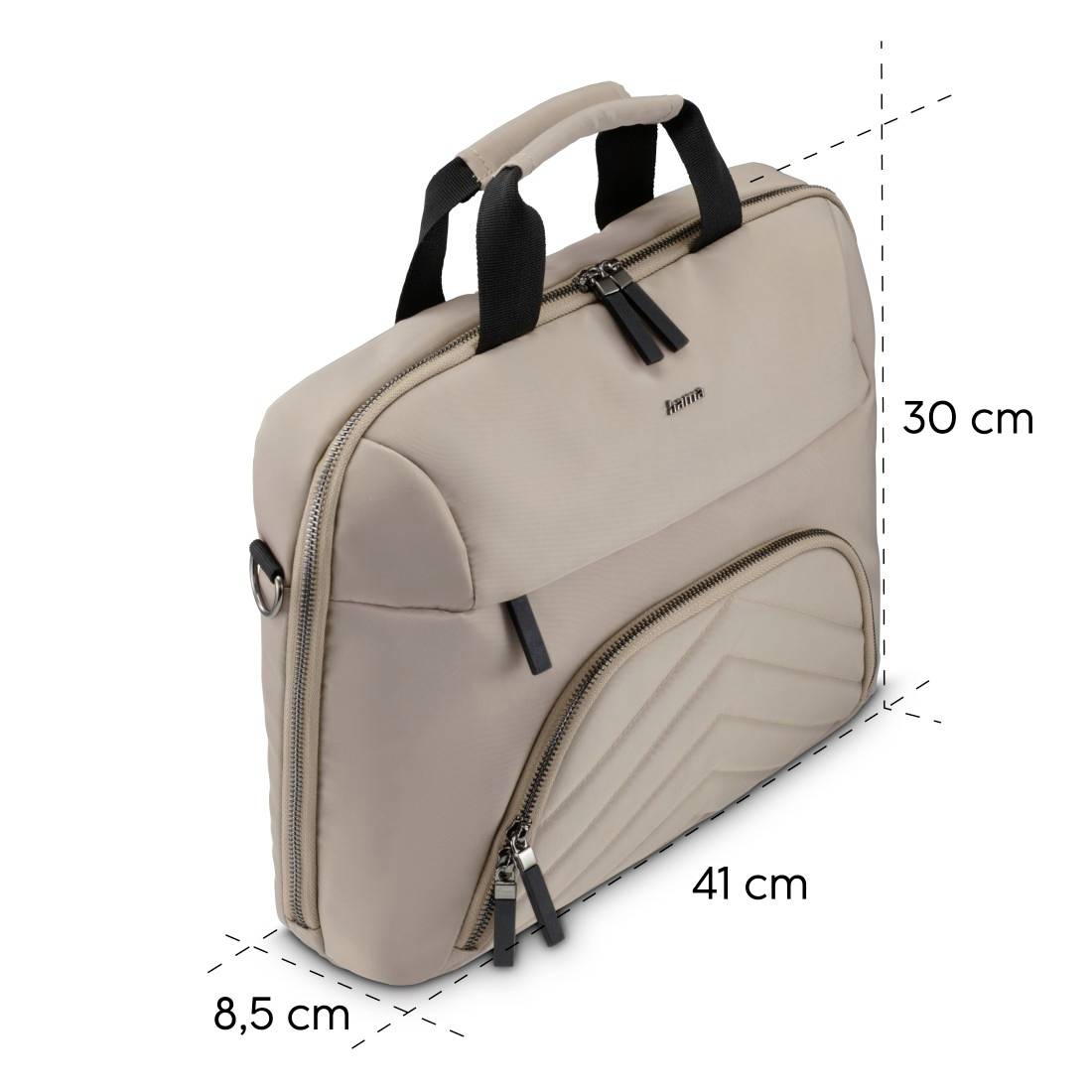 Beige Laptoptasche mit schwarzen Griffen, 30 cm hoch, 41 cm breit, 8,5 cm tief. Vorderseite mit Reißverschlusstasche.