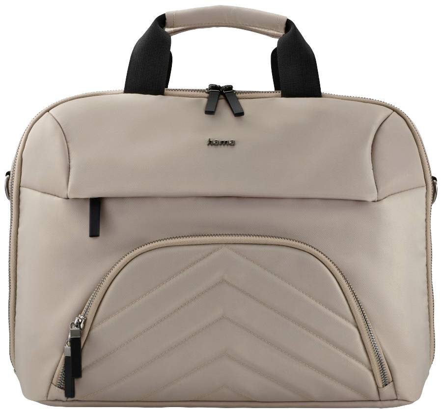 Eine beige Laptop-Tasche mit schwarzem Griff, Reißverschlusstasche vorne und gestepptem Muster. Ideal für den Transport von Laptops.