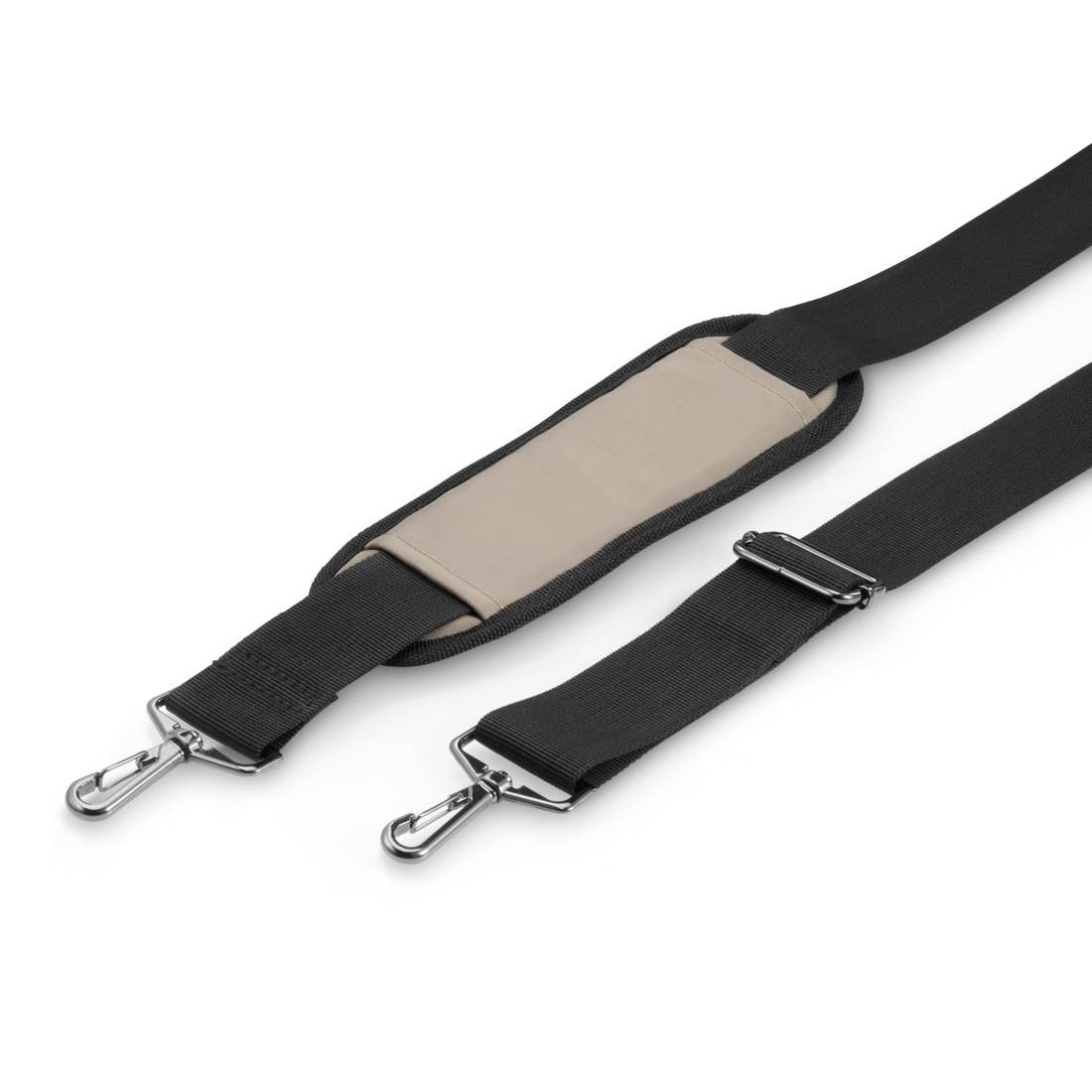 Ein verstellbarer, schwarzer Schultergurt mit silbernen Haken und einem gepolsterten, beigen Bereich in der Mitte.