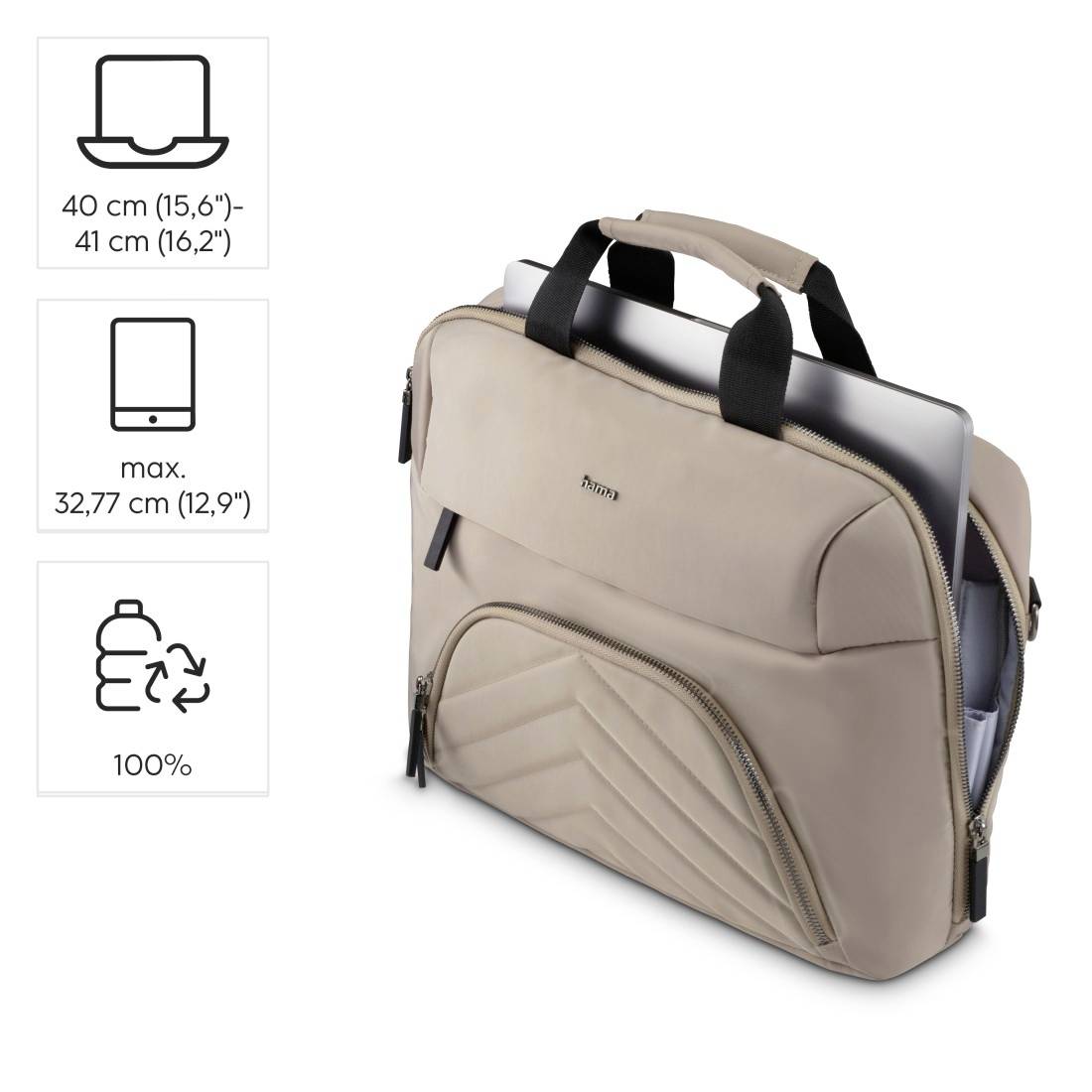 Die Abbildung zeigt eine beige Laptop-Tasche mit Handgriffen und Reißverschlusstaschen, geeignet für Laptops bis 41 cm. Logo und Symbole für Recyclingmaterialien sind sichtbar.