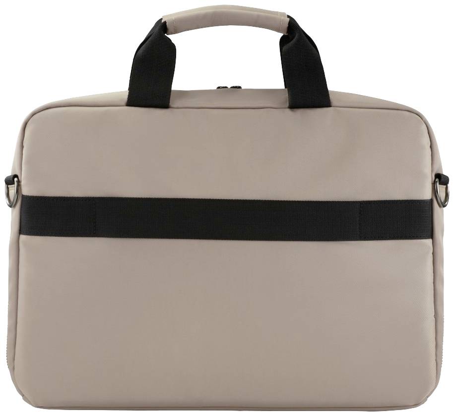 Beige Laptoptasche mit schwarzen Griffen. Geeignet für den Transport von Laptops oder Dokumenten. Einfaches, professionelles Design.