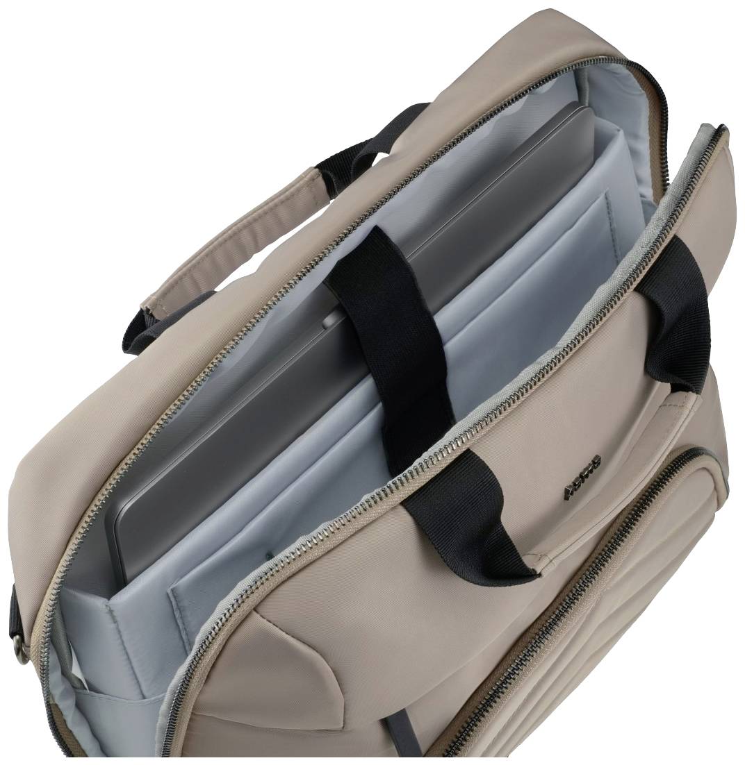Eine geöffnete beige Laptoptasche mit einem Laptop-ähnlichen Gerät im Hauptfach, umgeben von gepolsterten Fächern für Schutz.