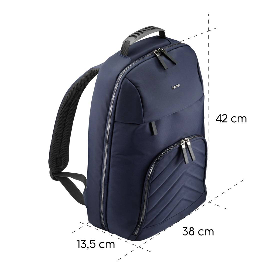 Dunkelblauer Rucksack mit zwei Reißverschlusstaschen. Maße: 42 cm hoch, 38 cm breit, 13,5 cm tief. Robuster Griff oben.