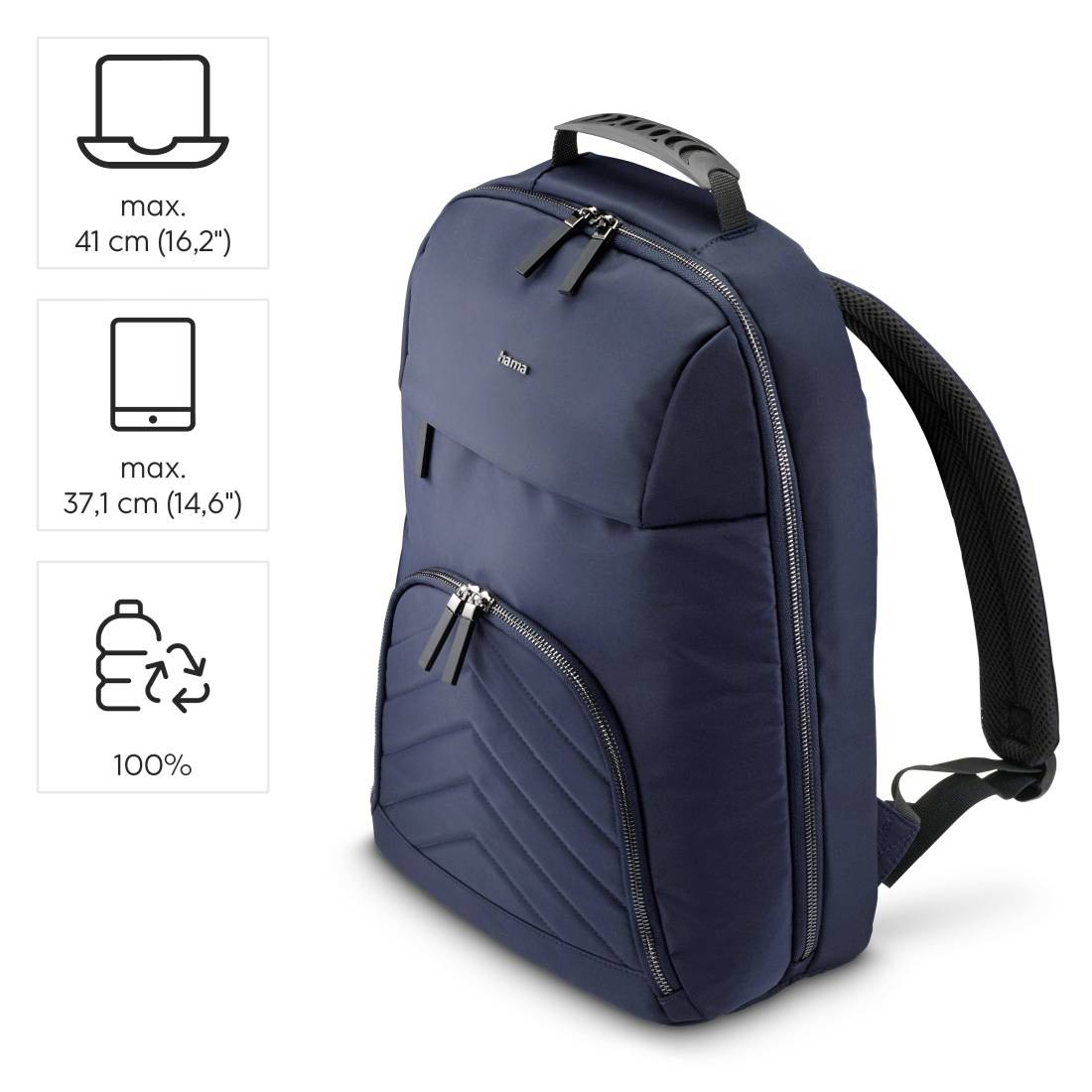 Dunkelblauer Rucksack aus 100% recyceltem Material. Passend für Laptops bis 41 cm (16,2 Zoll) und Tablets bis 37,1 cm (14,6 Zoll).