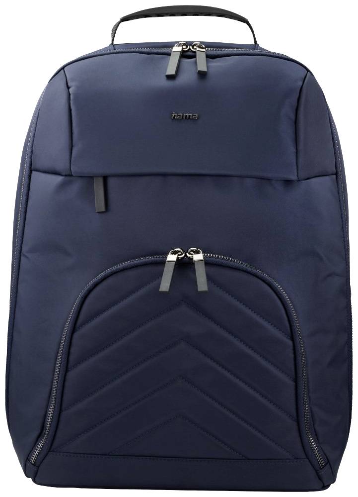 Dunkelblauer Rucksack mit zwei großen Fächern und kleinen Reißverschlusstaschen vorne.